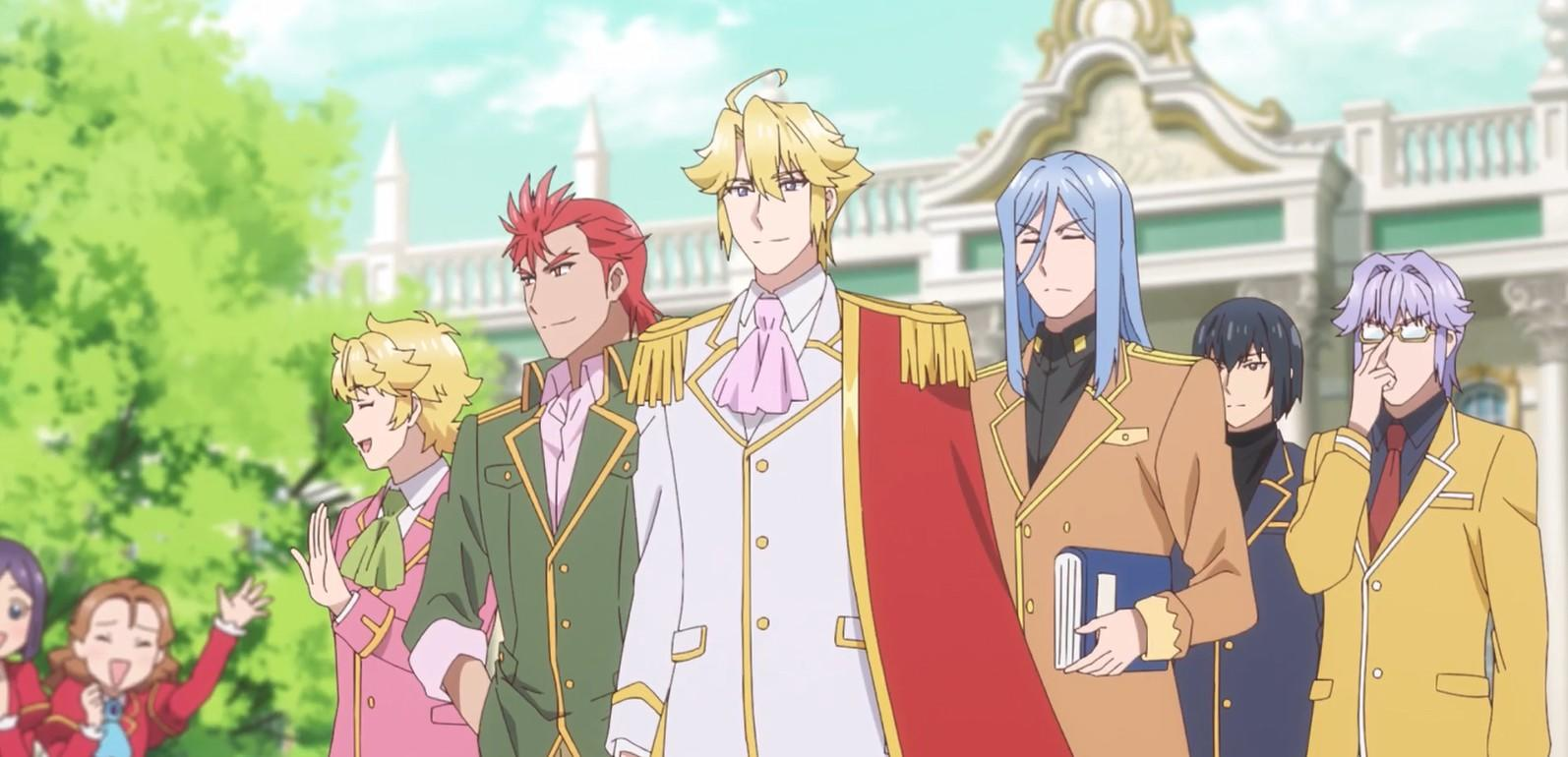 Mehrere Anime-Männer in Uniformen stehen vor einem Gebäude mit Bäumen.