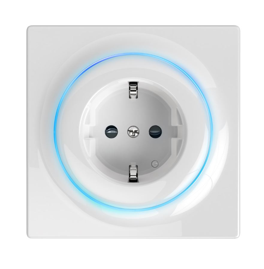 Ein weißer Steckdosenadapter mit blauem Leuchtring.