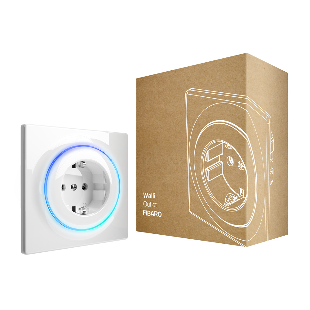 Ein weißer Smart-Steckdose mit blauem Licht neben einer Produktverpackung.