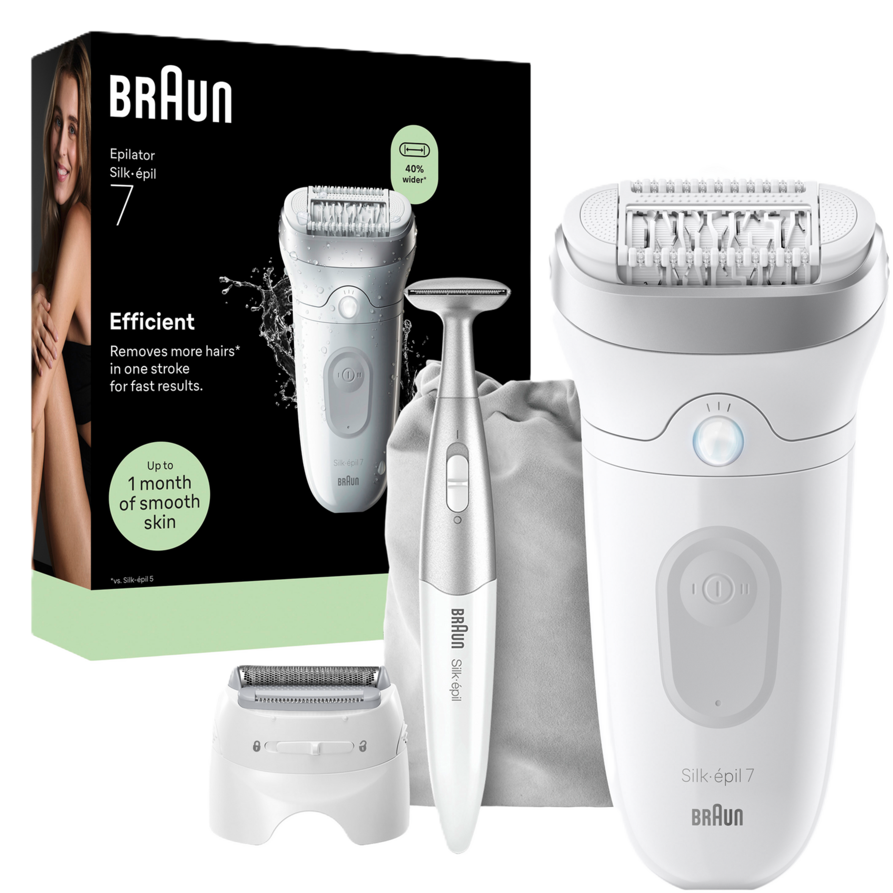 Braun Silk-épil 7 Epilierer und Trimmer-Set auf schwarzem Hintergrund mit Spritzern.