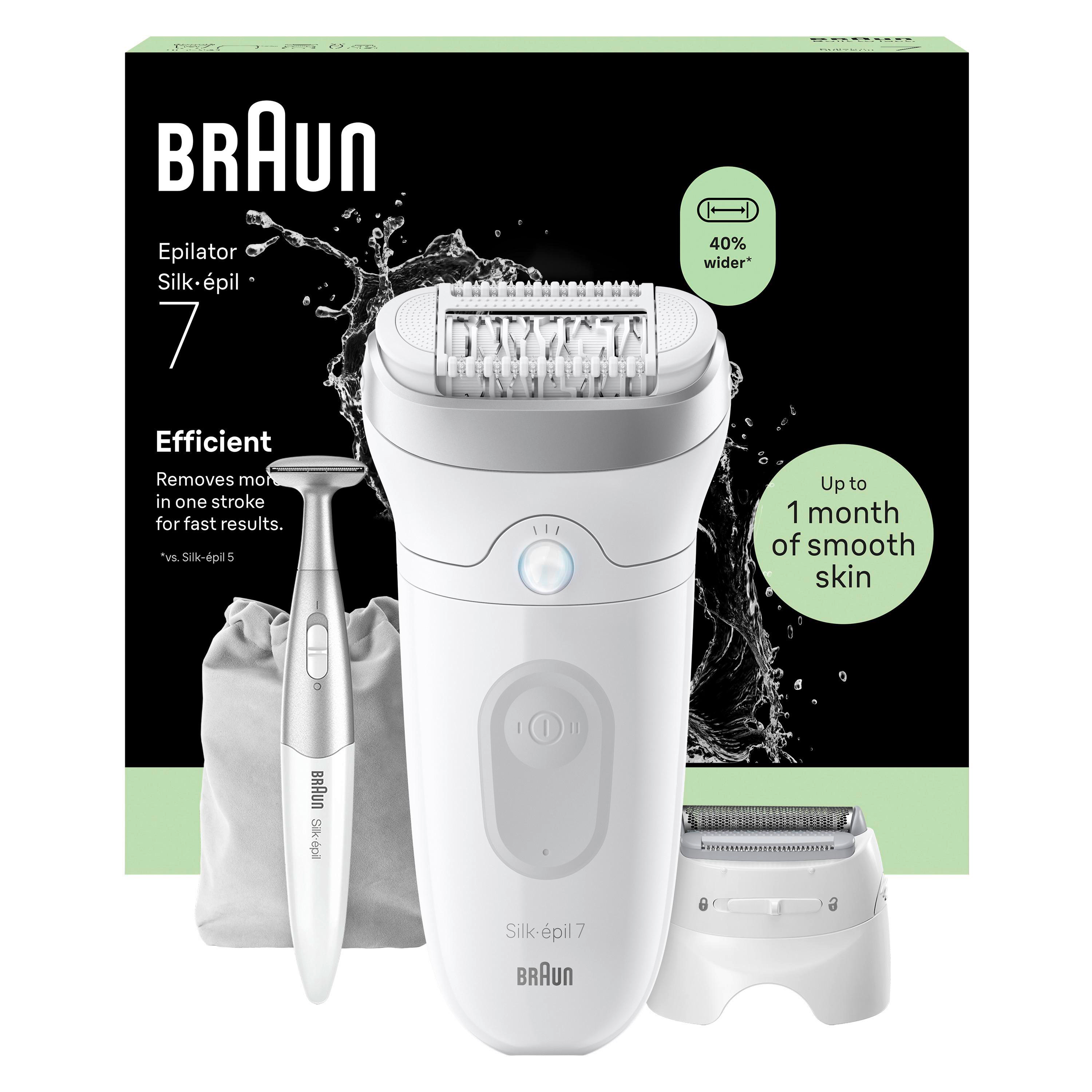 Braun Silk-épil 7 Epilierer mit Zubehör auf schwarzem Hintergrund.