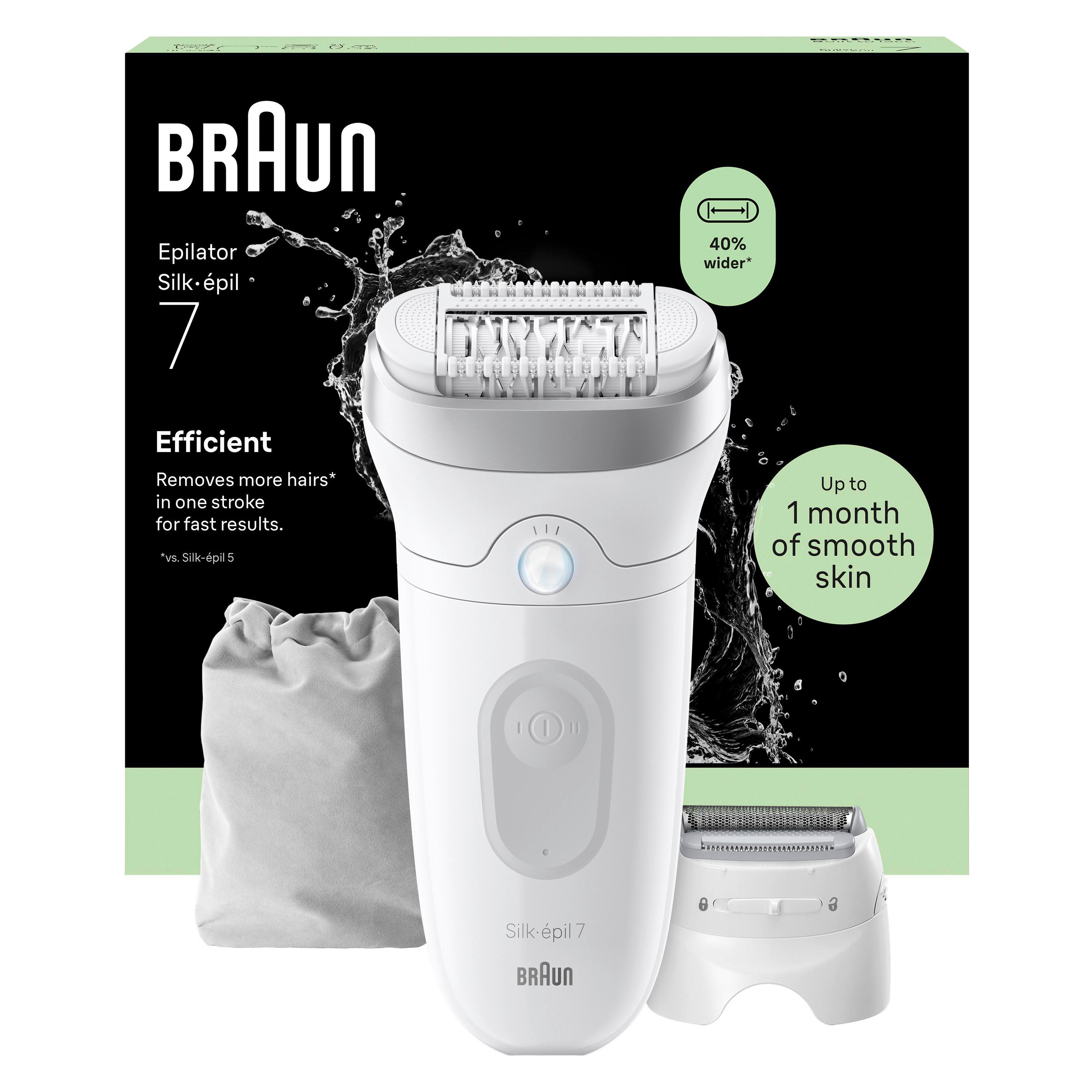 Ein weißer Braun Silk-épil 7 Epilierer mit Zubehör und Spritzwasser auf schwarzem Hintergrund.