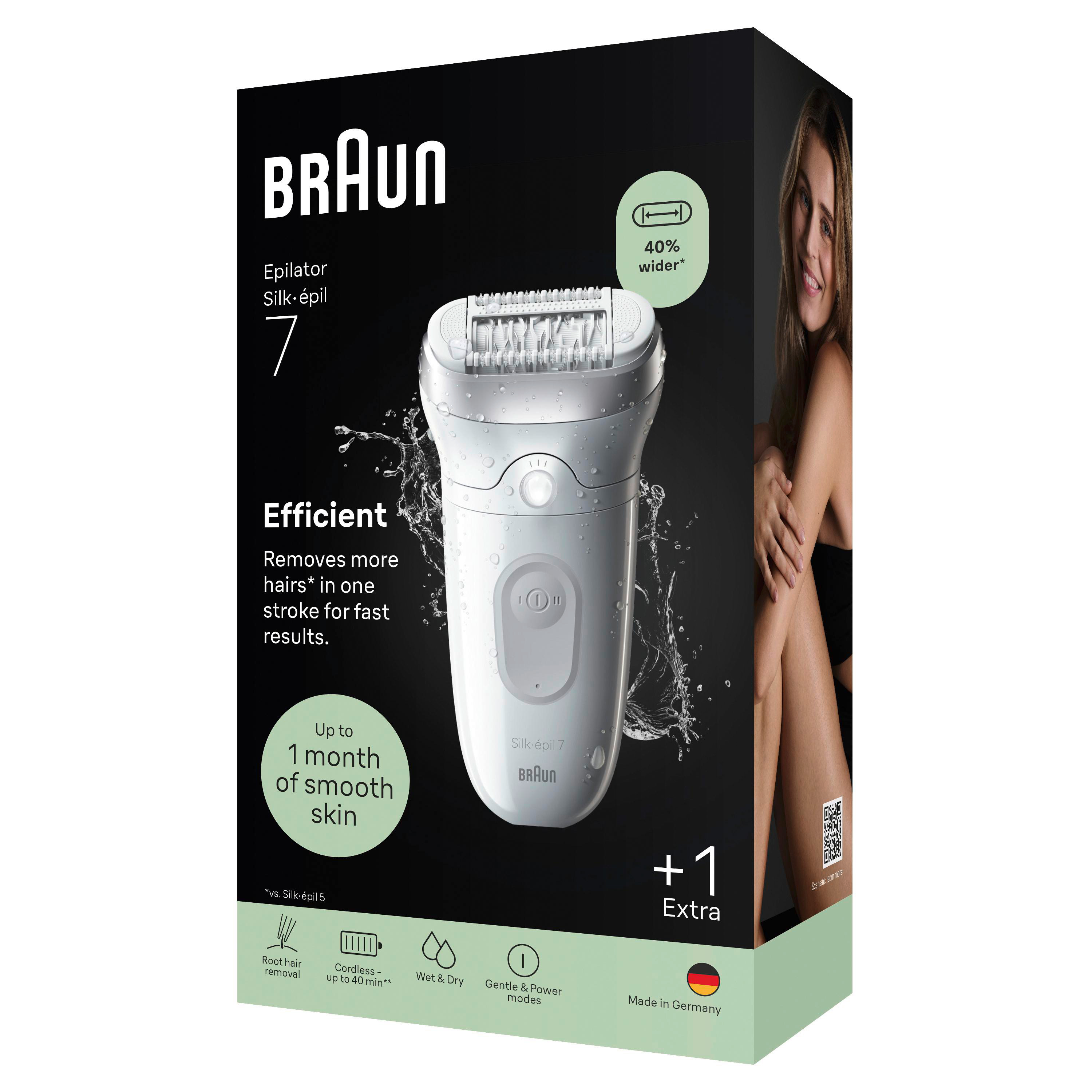 Braun Silk-épil 7 Epilierer mit Wasserspritzern und Frau am Bein.
