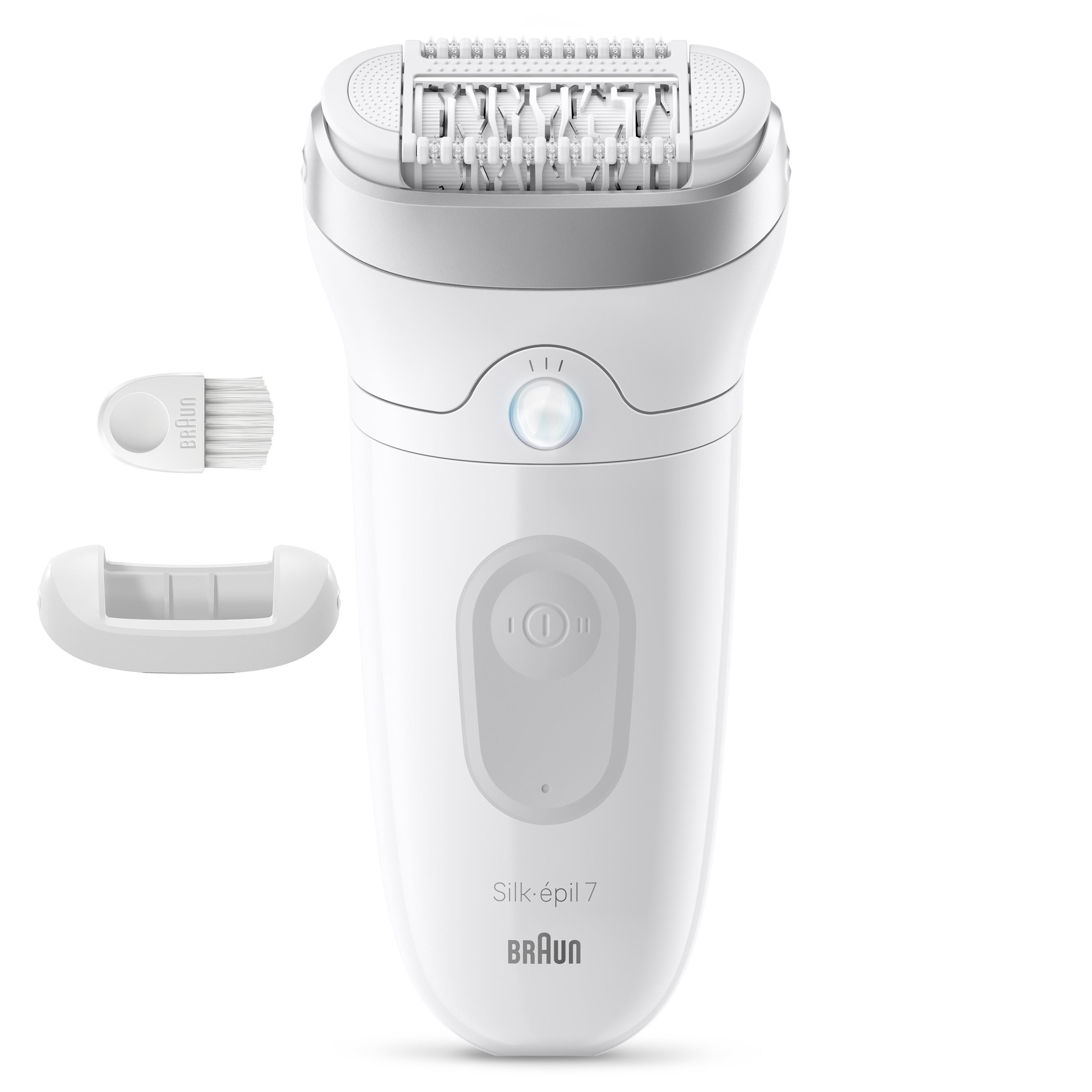 Ein weißer Braun Silk-épil 7 Epilierer mit Zubehör.