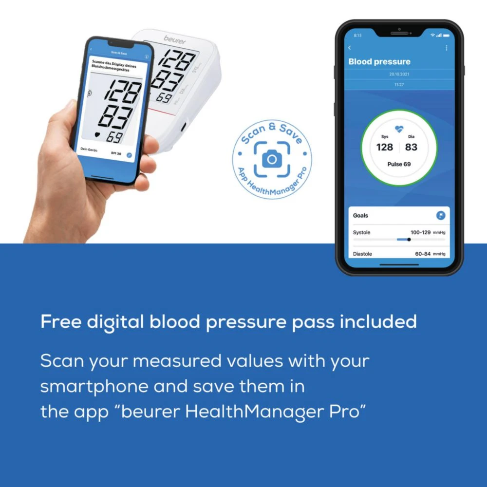Un misuratore di pressione Beurer mostrato con un'app per smartphone.