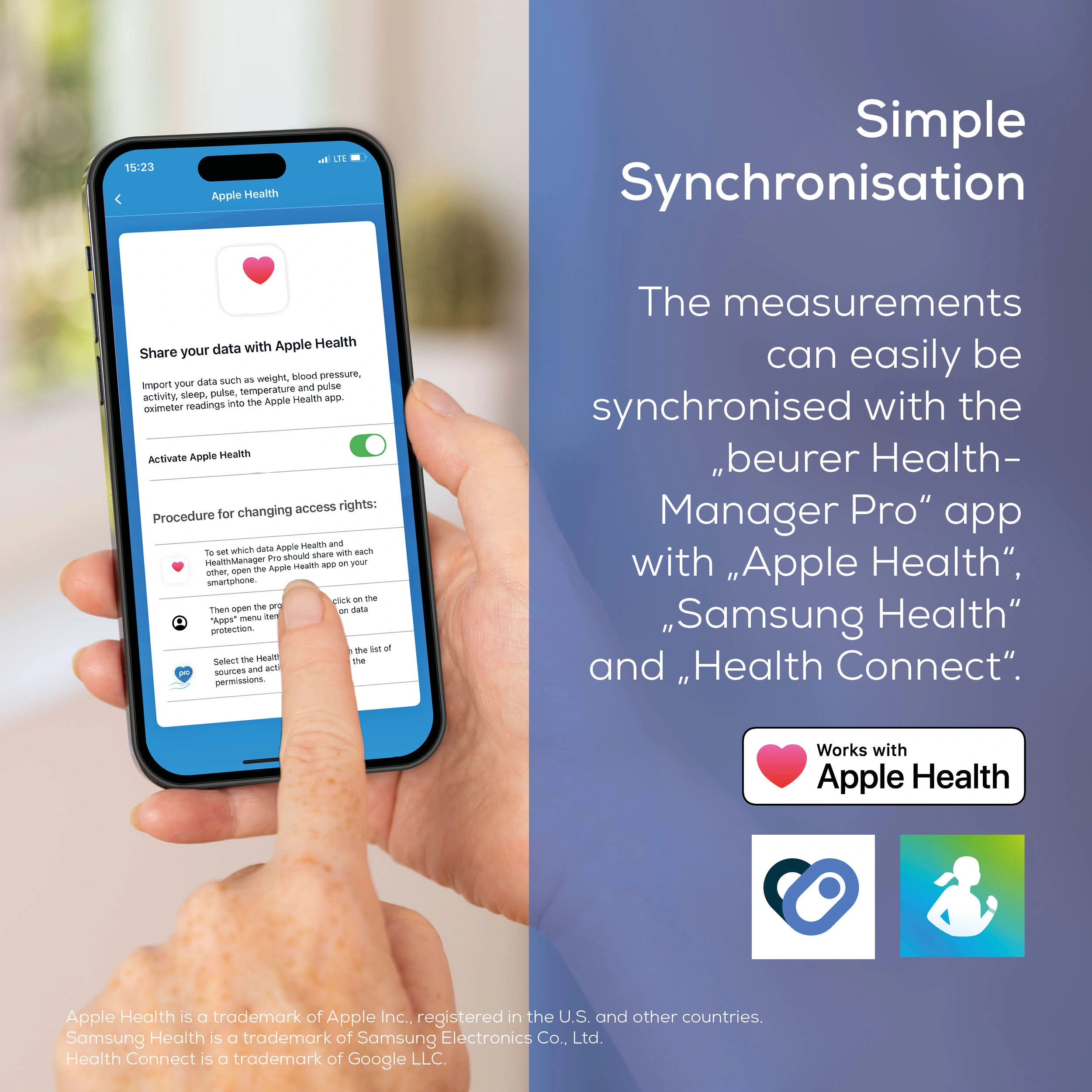 Una mano tiene uno smartphone con l'app Apple Health. Accanto c'è scritto "Simple Synchronisation".