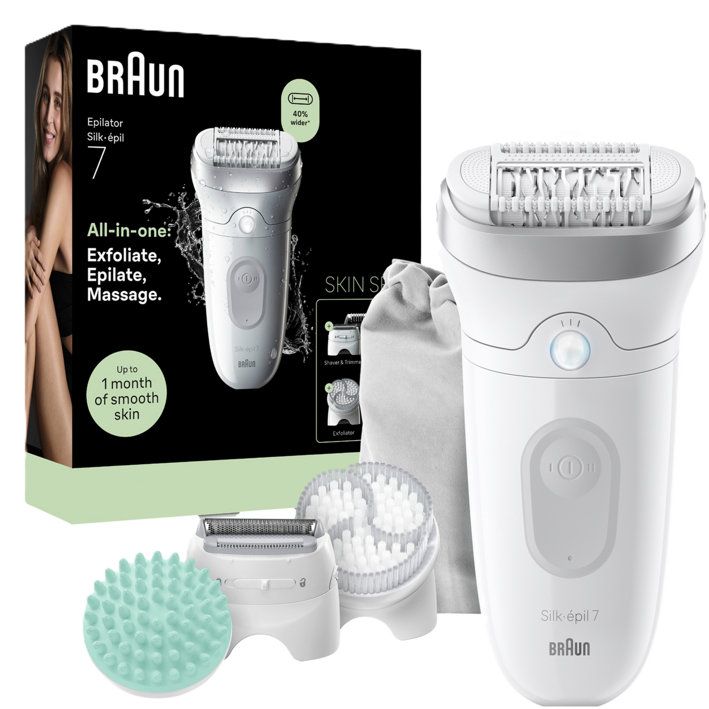 Braun Epilierer Silk-épil 7 mit Aufsätzen und Tasche.