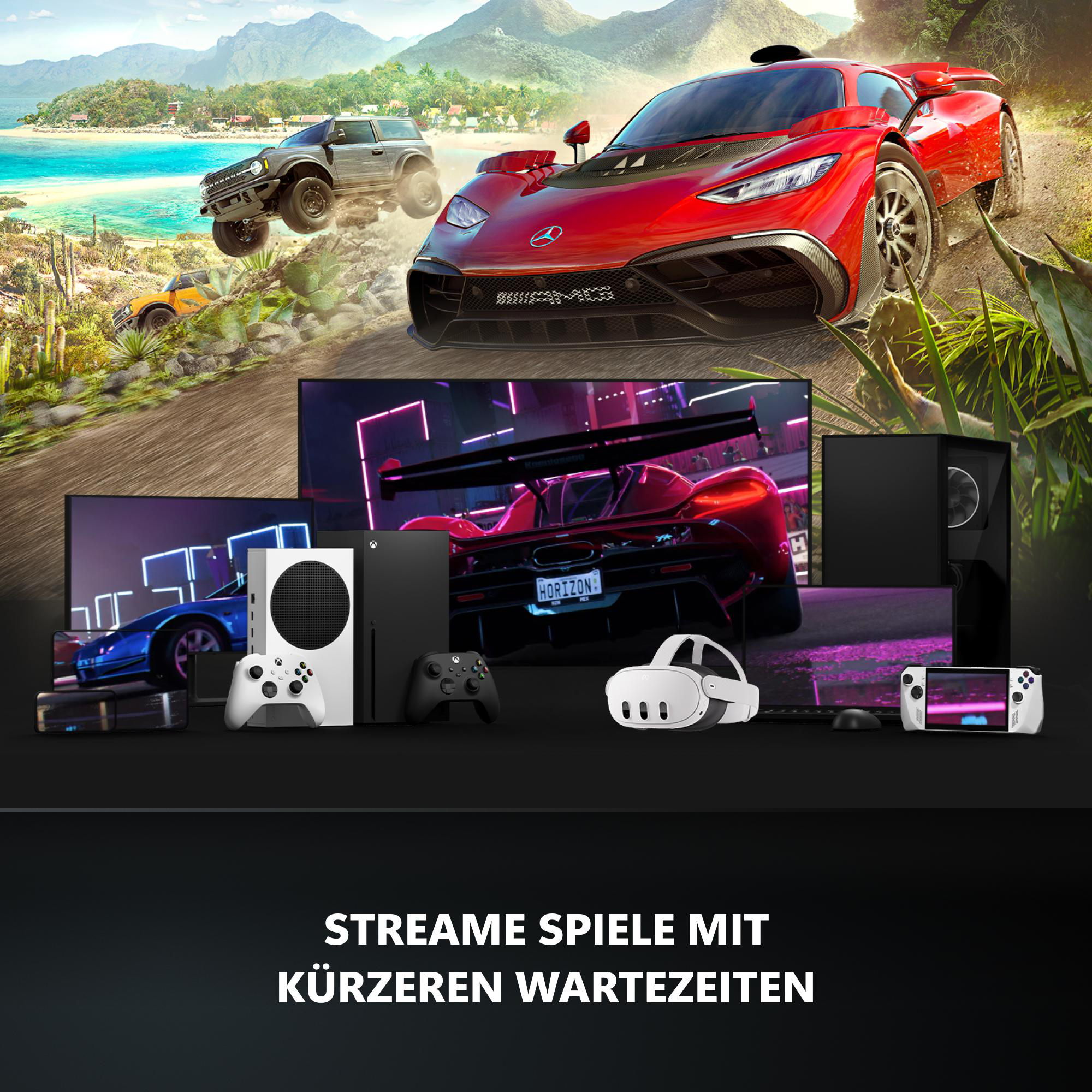 Rote und graue Rennwagen, Konsolen, VR-Headset und Handheld-PC auf staubiger Straße.