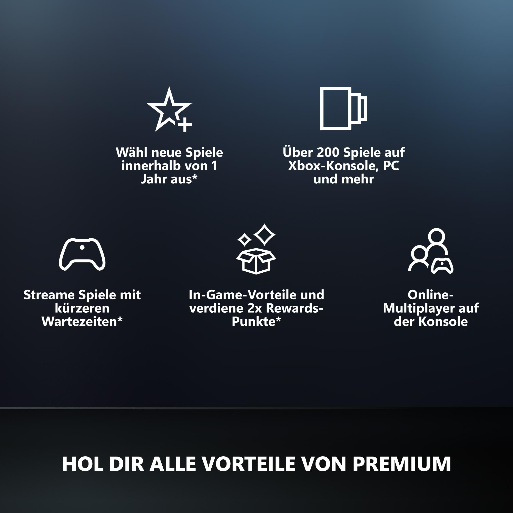 Icons zeigen: Neue Spiele wählen, 200+ Spiele, Spiele streamen, In-Game-Vorteile, Online-Multiplayer.