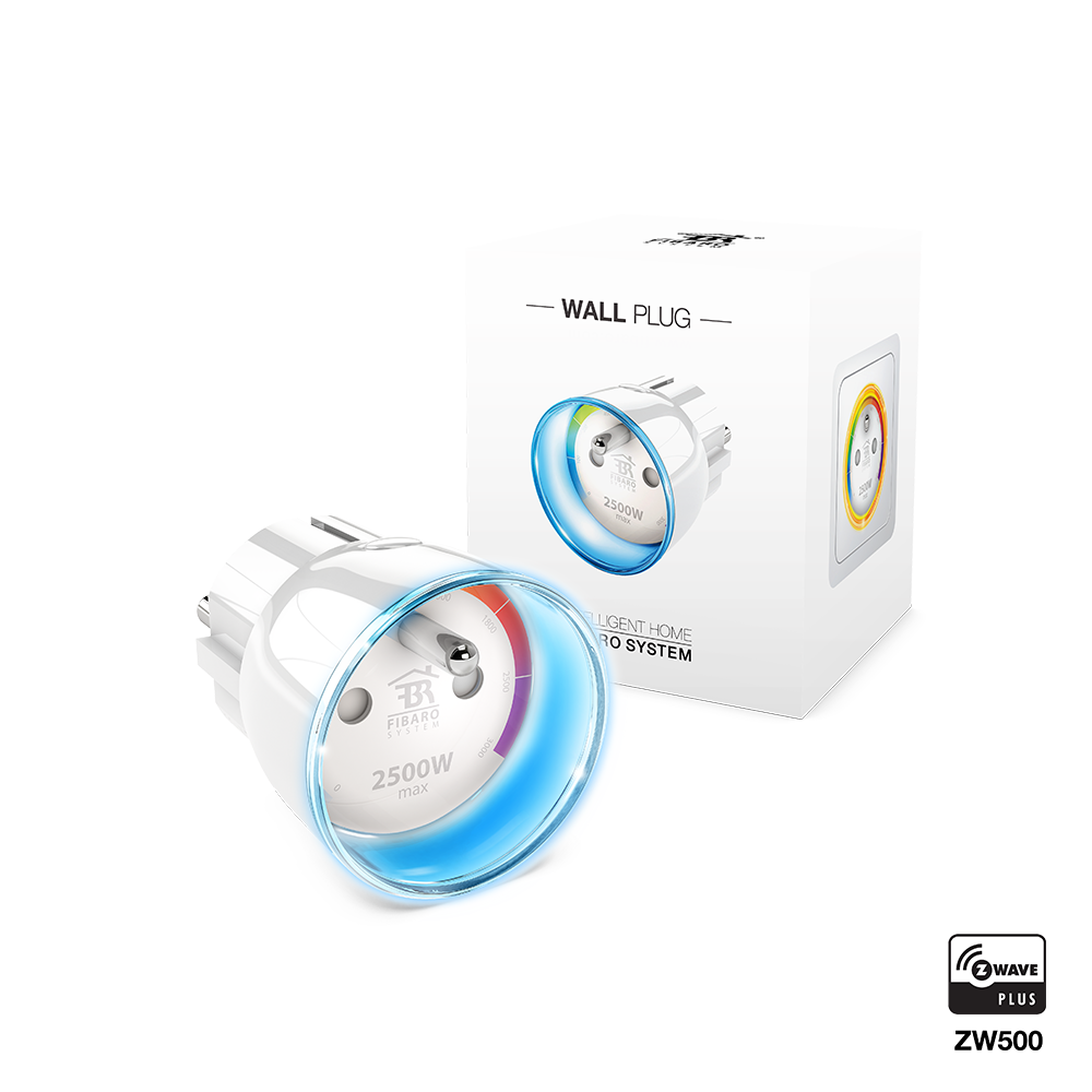 Ein weißer Wandstecker mit blau leuchtendem Ring und Leistungsanzeige.