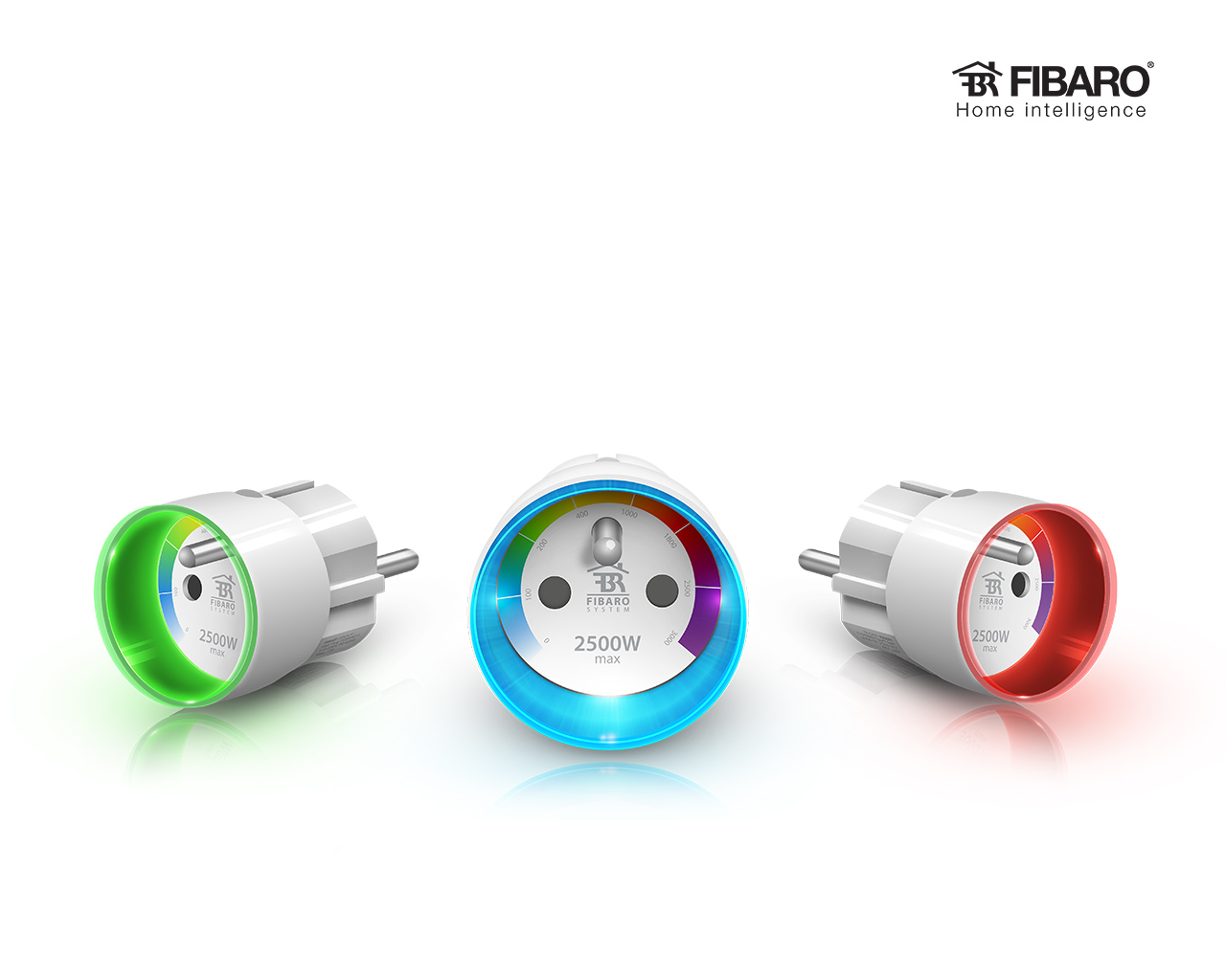 Drei smarte Steckdosen mit farbiger LED-Anzeige und Watt-Anzeige.