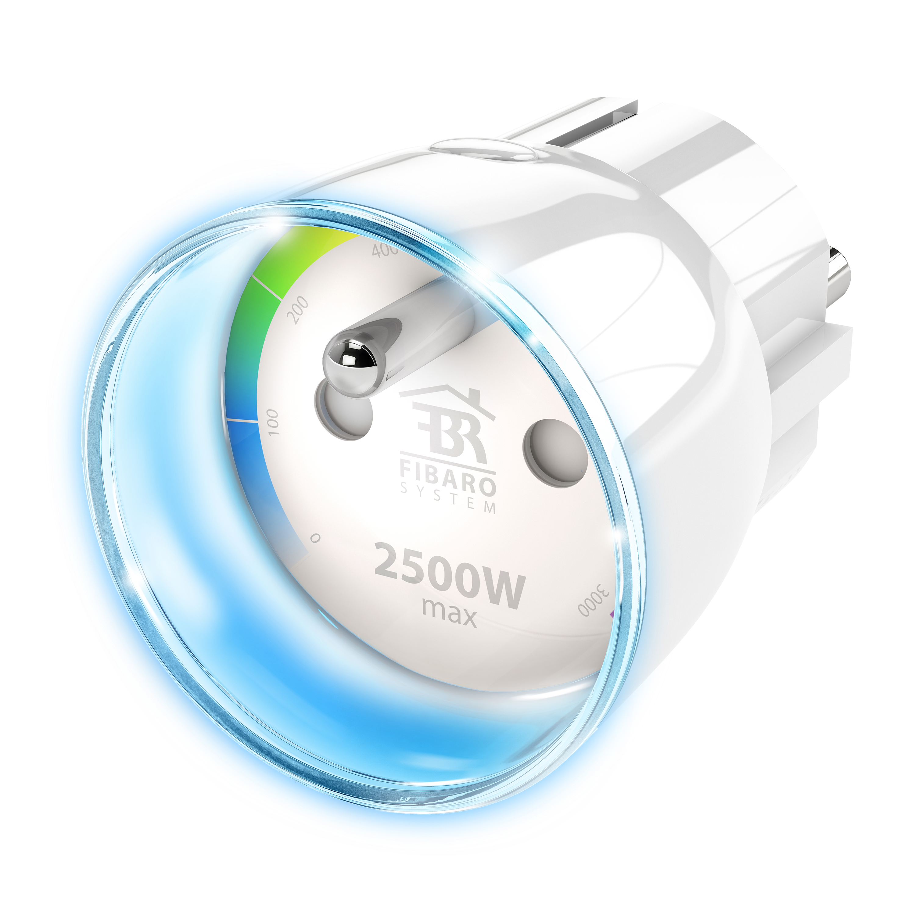 Ein weißer Smart-Stecker mit einem blauen Leuchteffekt und Leistungsmesser.