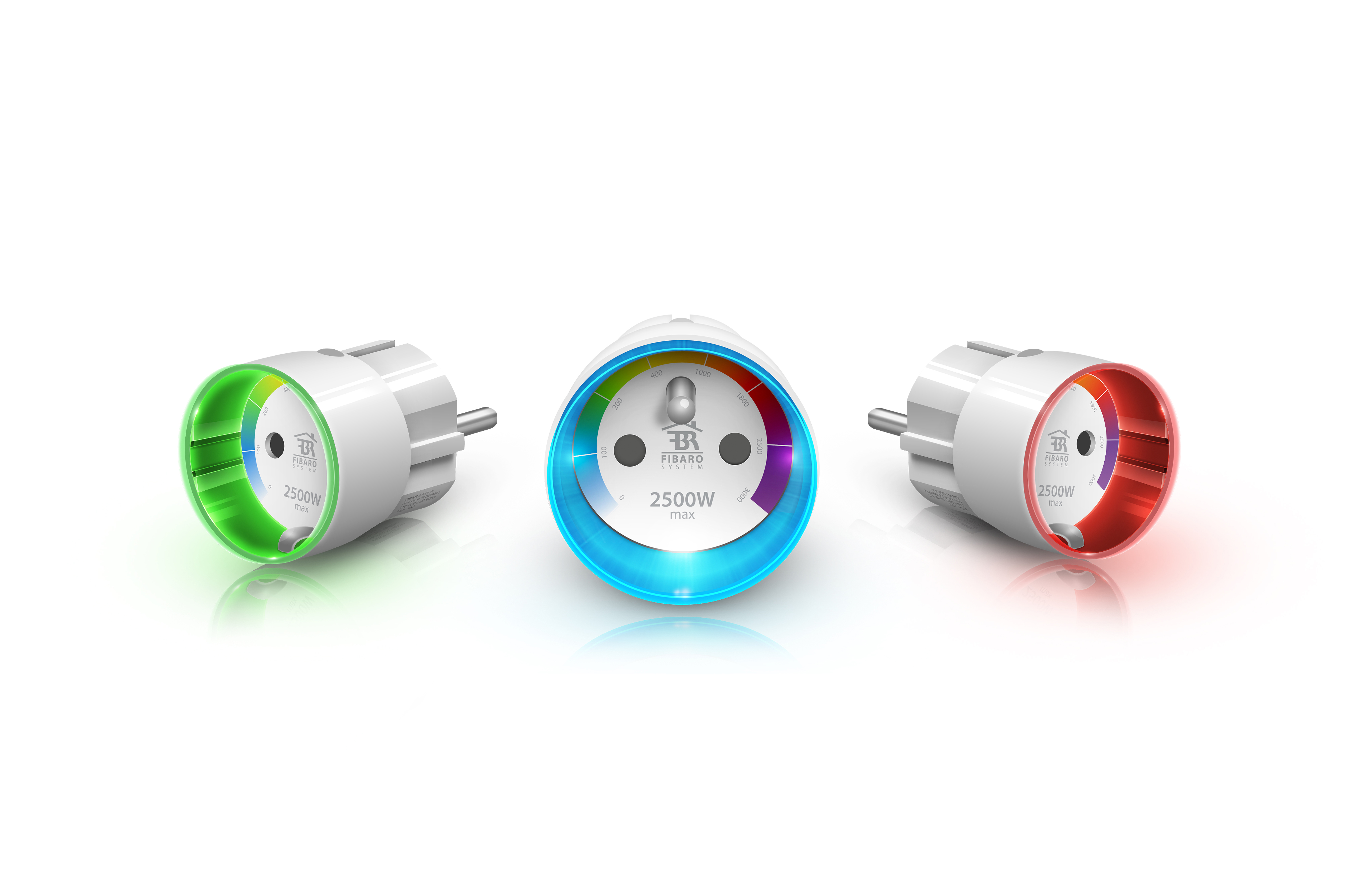 Drei weiße Smart-Steckdosen mit farbigen Ringen: grün, blau und rot.