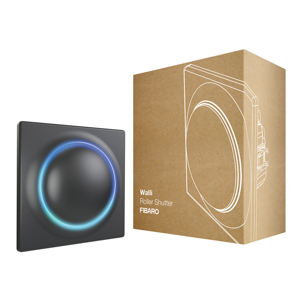 Ein grauer Smart-Home-Schalter mit blauer LED-Beleuchtung neben einer Pappschachtel.