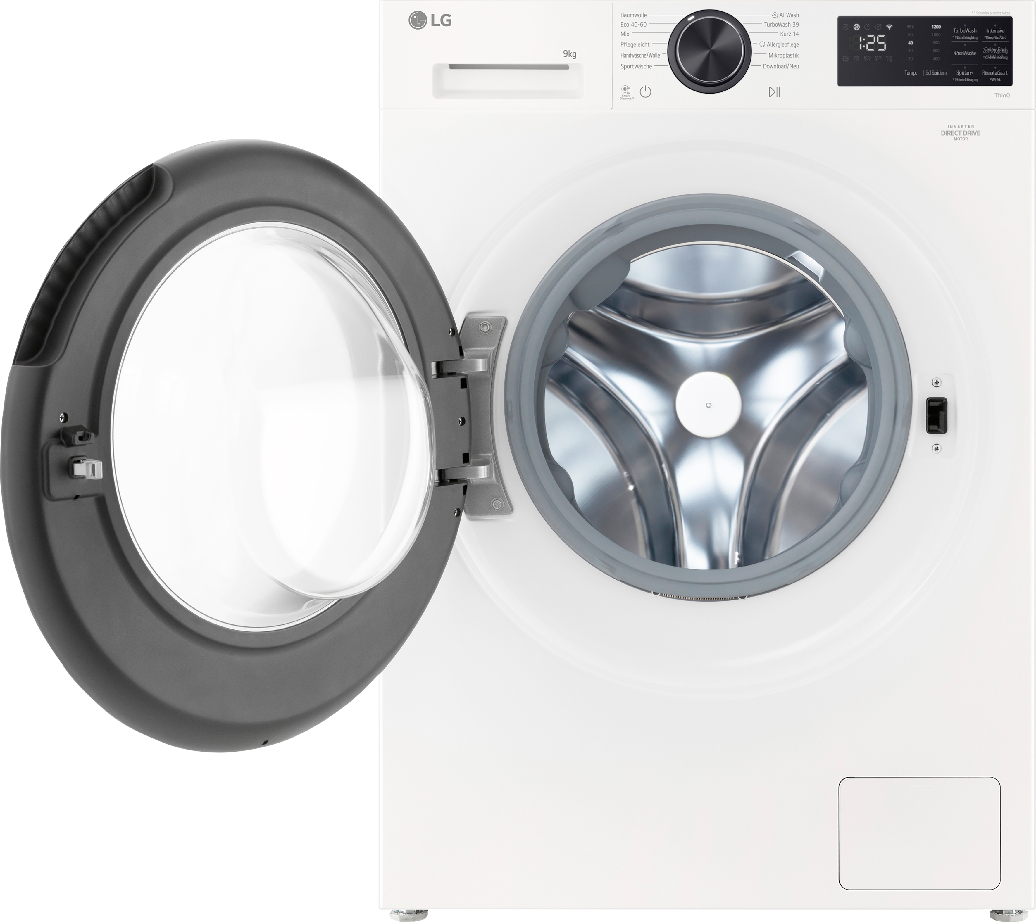 Eine weiße LG Waschmaschine mit geöffneter Tür, silberner Trommel und Bedienfeld.