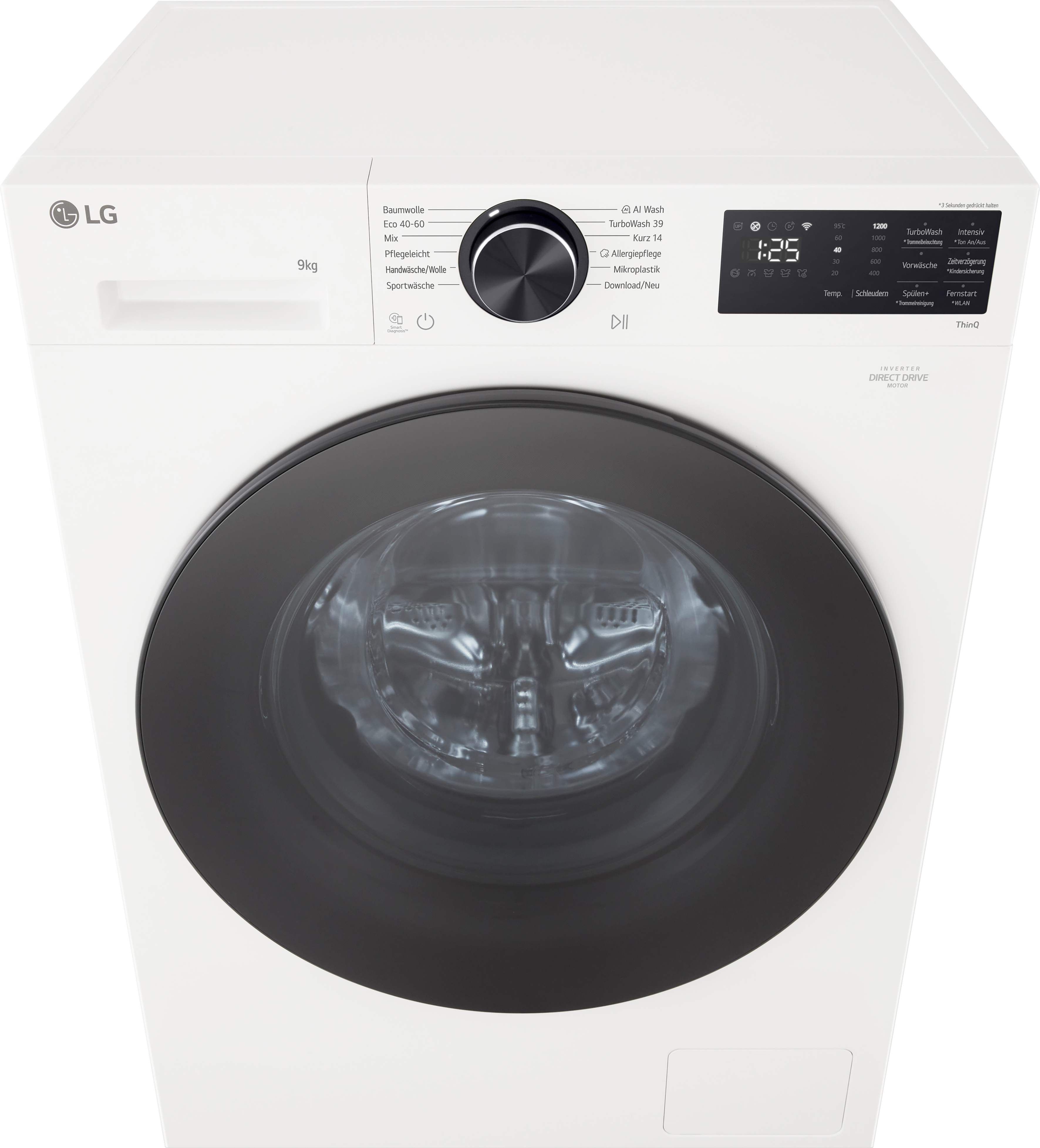 Weiße LG Waschmaschine mit schwarzer Tür und digitalem Display. 9kg Kapazität.