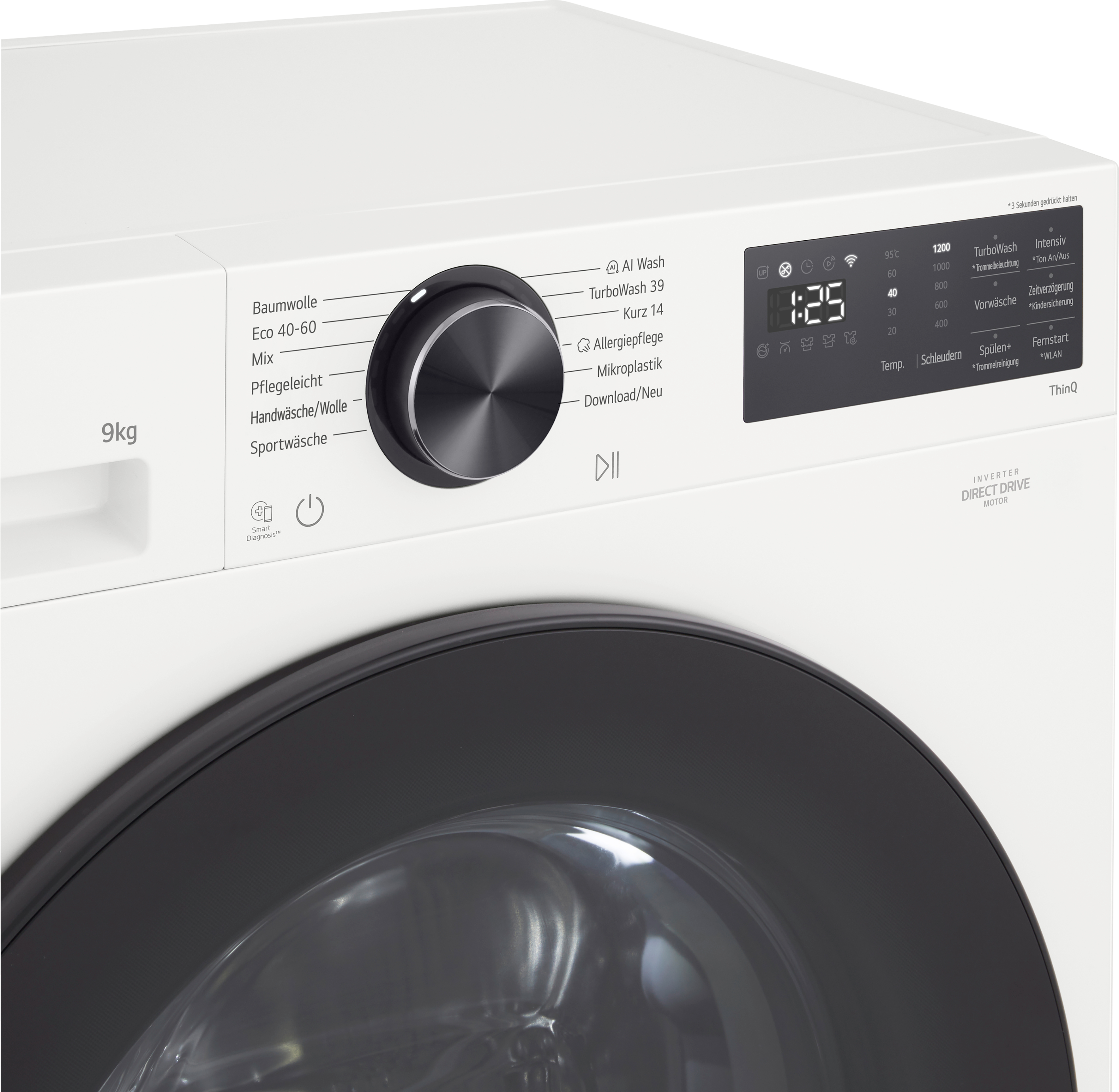 Weiße Waschmaschine mit Bedienfeld. Zeigt Programme wie Baumwolle und Schleudern an.