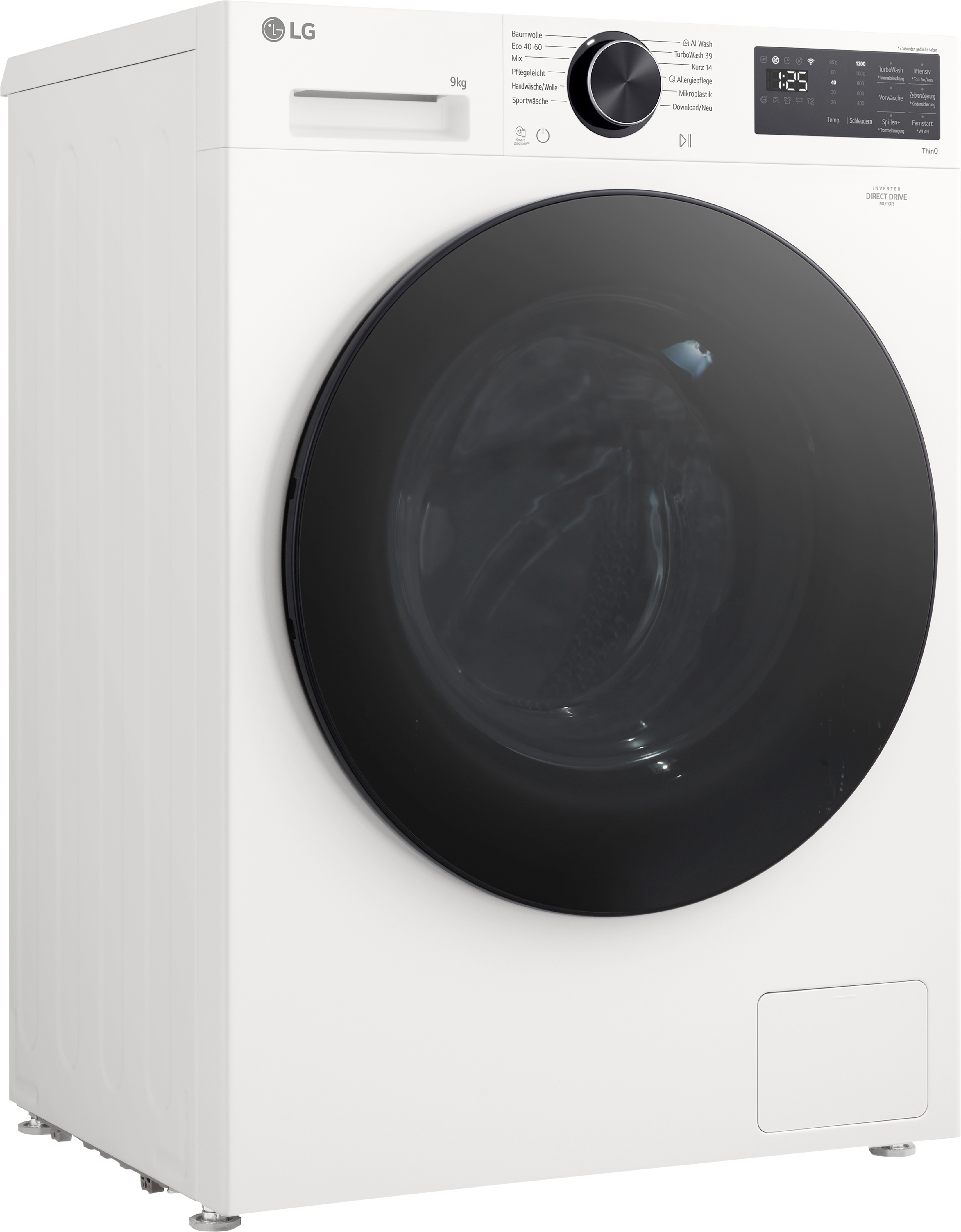 Weiße LG Waschmaschine mit großem schwarzen Bullauge und Bedienfeld.