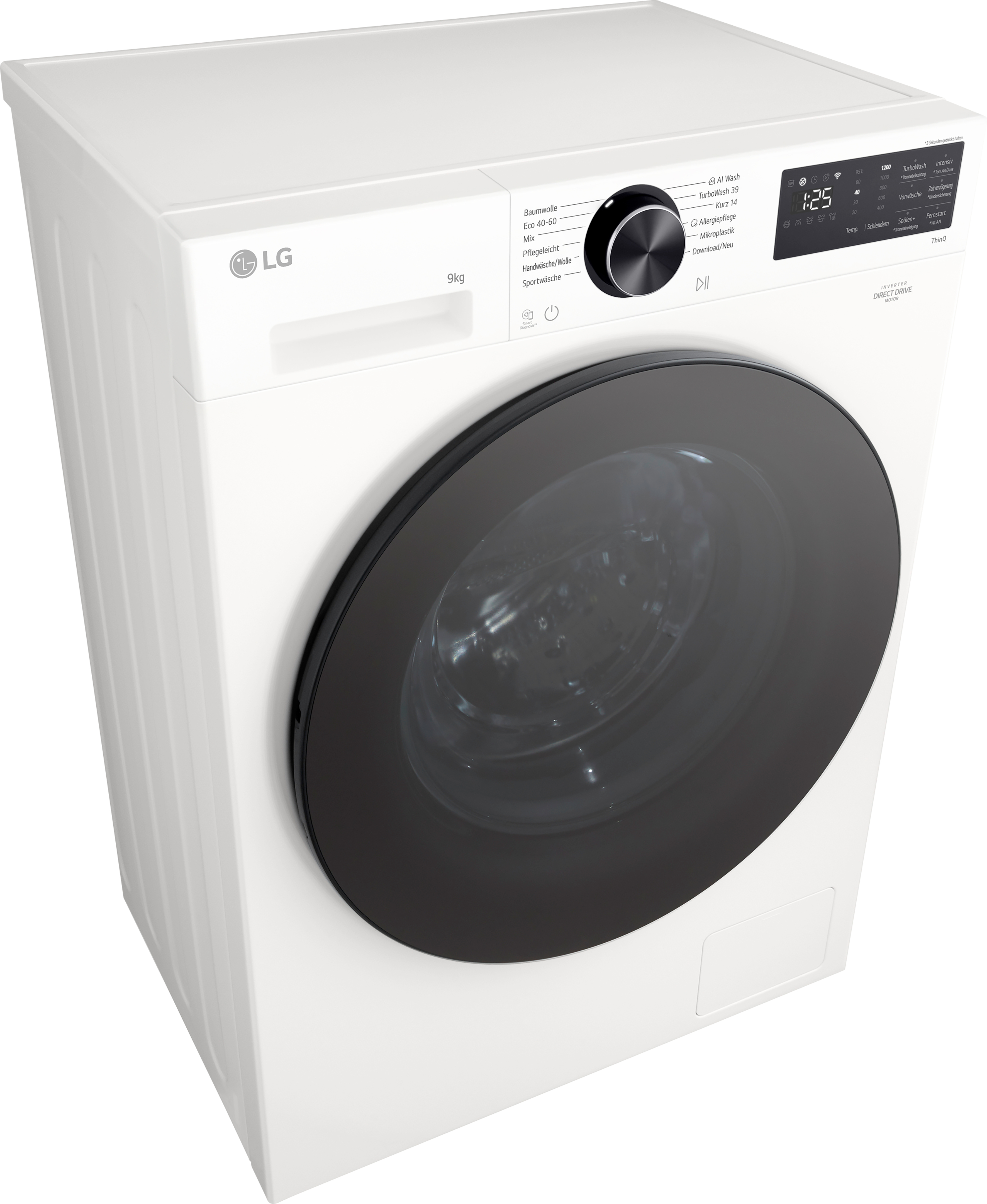 Eine weiße LG Waschmaschine mit schwarzer Tür und Bedienfeld. 9kg Fassungsvermögen.