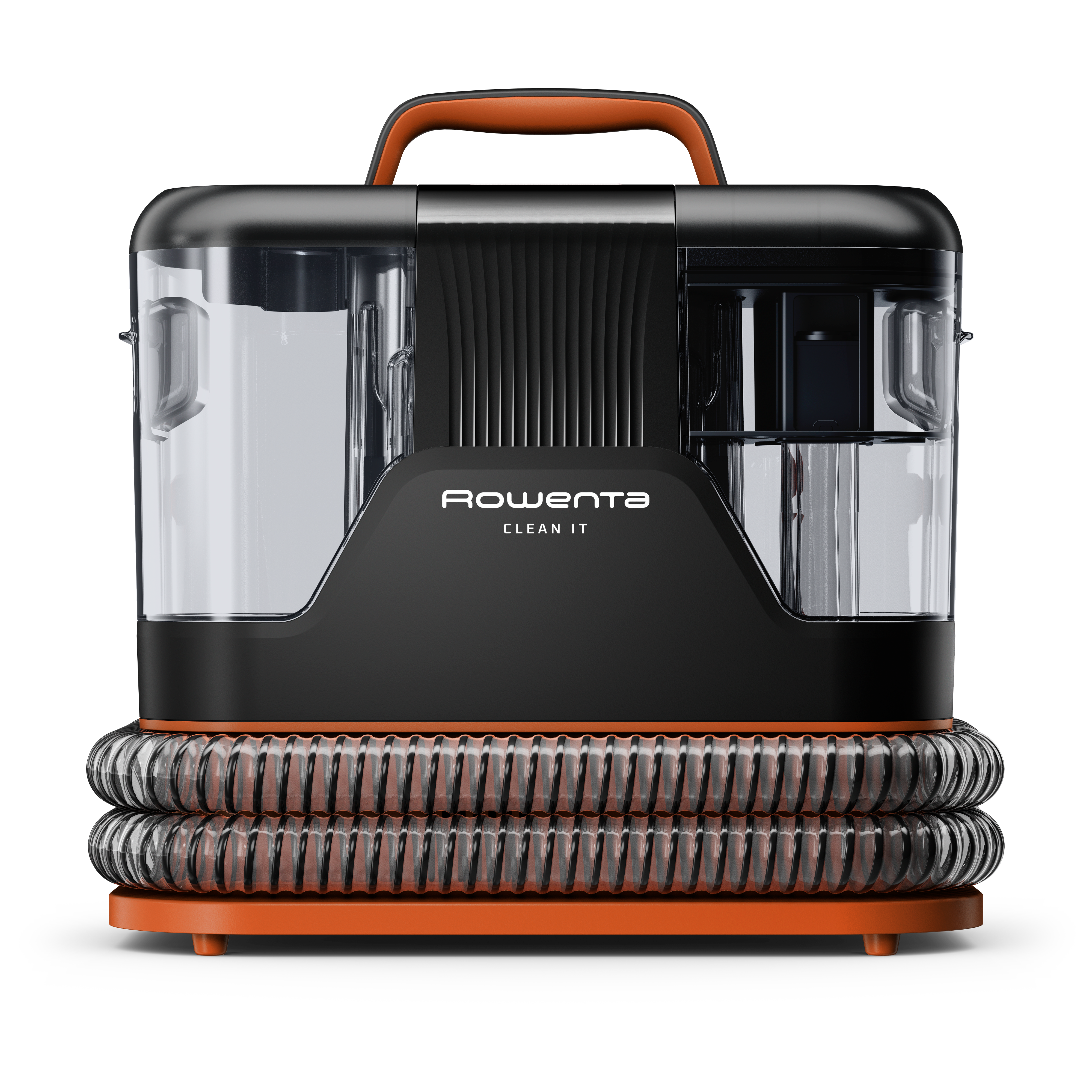 Schwarzer Rowenta Reiniger mit orangefarbenem Griff, Schlauch und Basis.