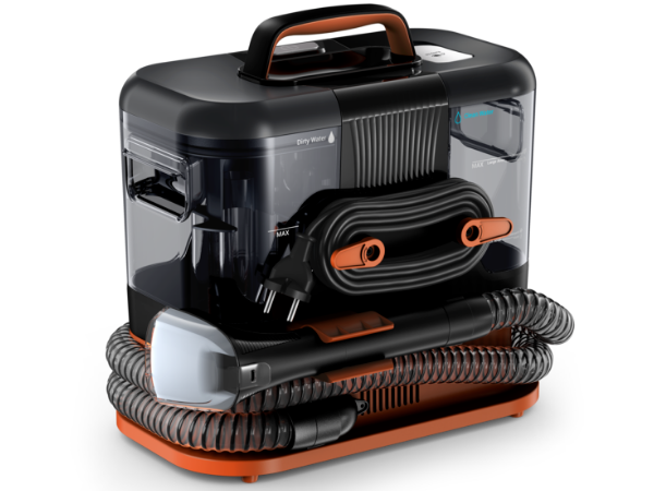 Schwarzer und oranger Teppichreiniger mit Schlauch und Kabel.