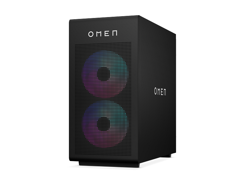 Schwarzer Gaming-PC mit beleuchteten Lüftern und OMEN-Logo.