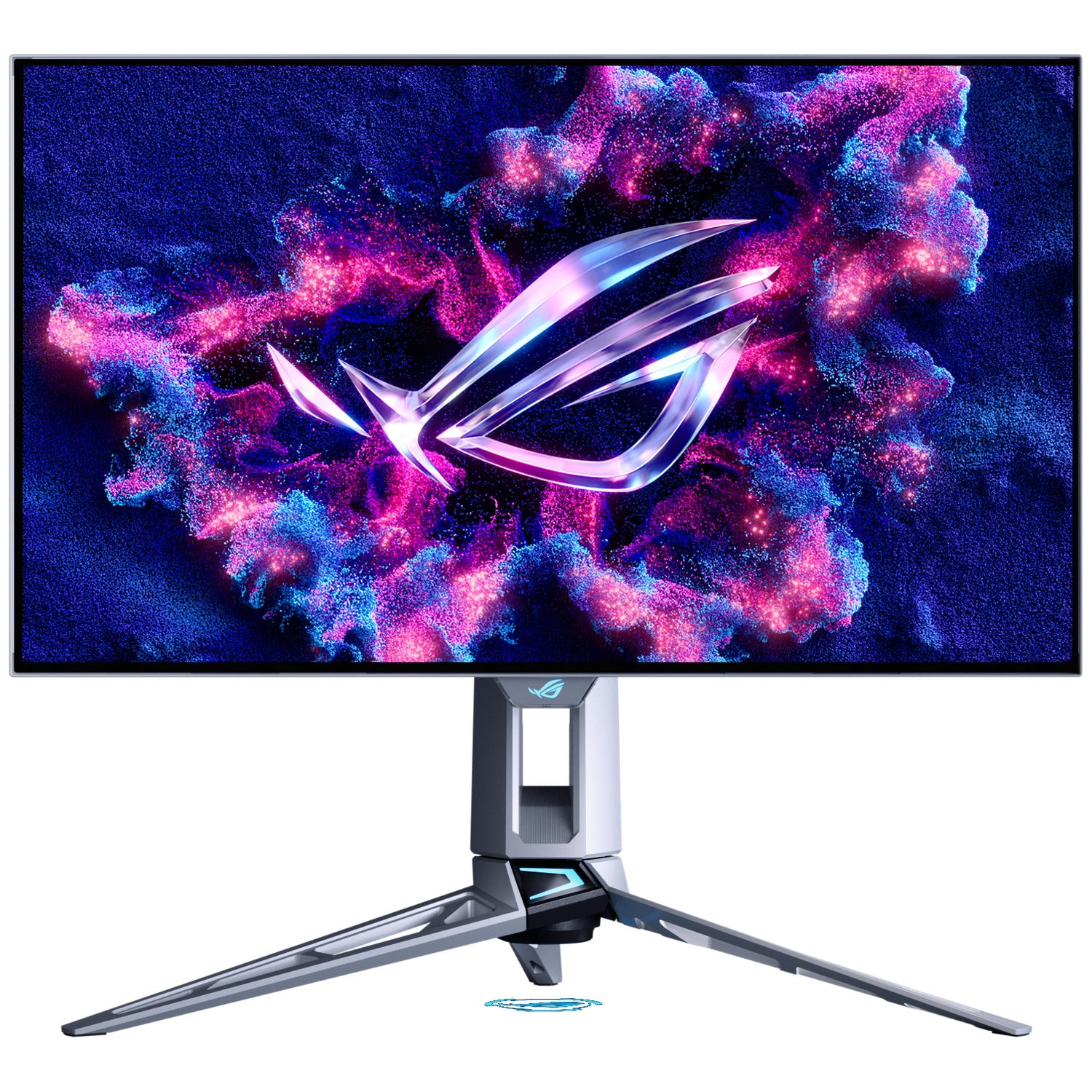 Een gaming monitor met het ROG-logo tegen een achtergrond van wervelende deeltjes.
