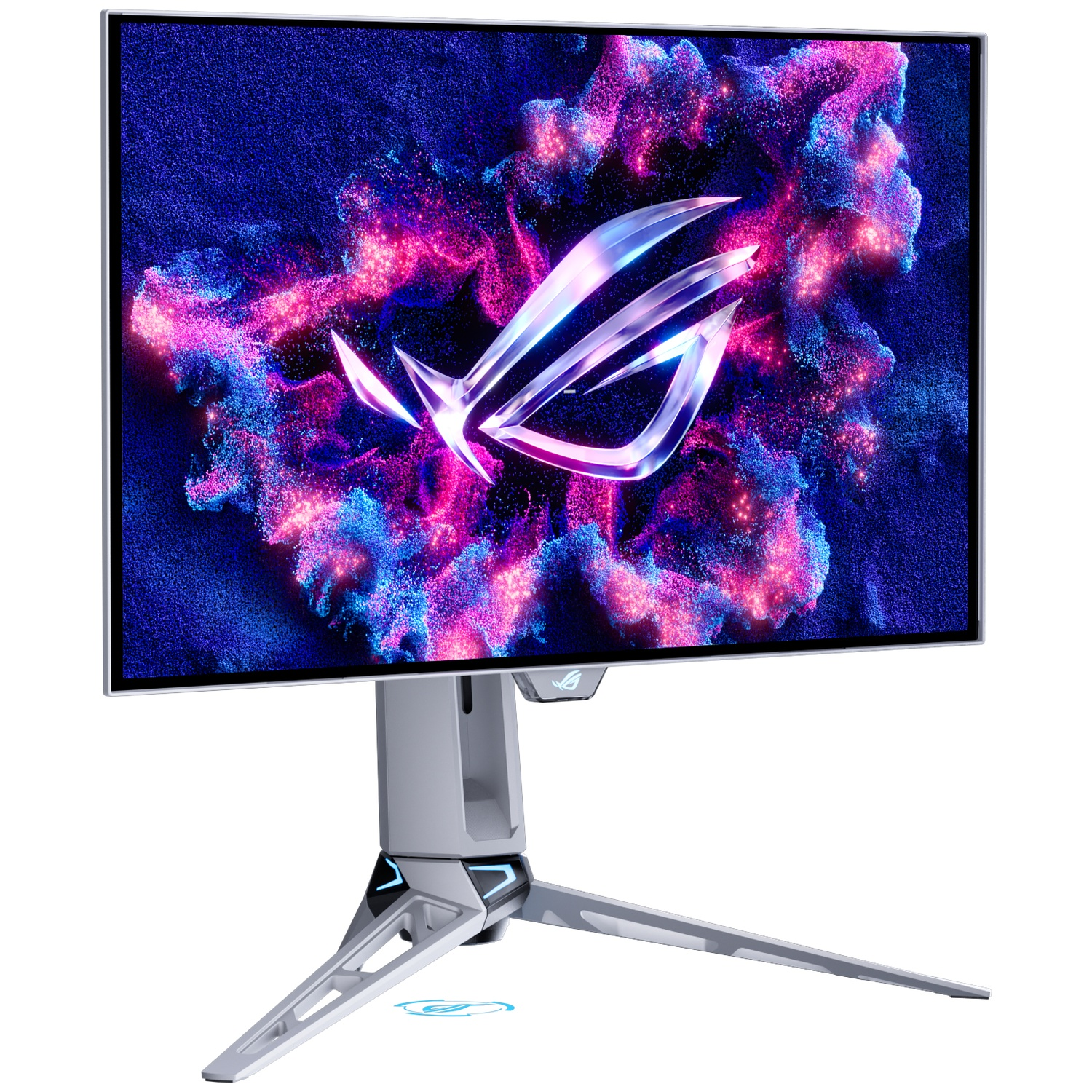 Een monitor met zilveren standaard toont een neonlogo op een donkere, deeltjesrijke achtergrond.