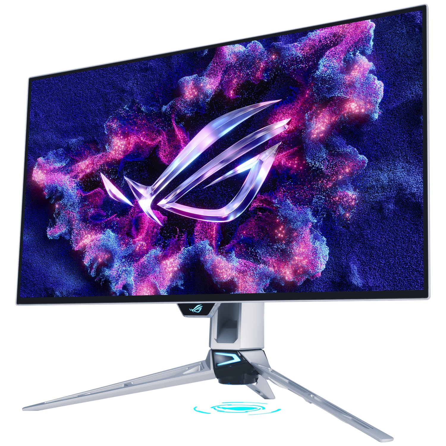 Een gaming monitor met ROG logo op abstracte achtergrond.