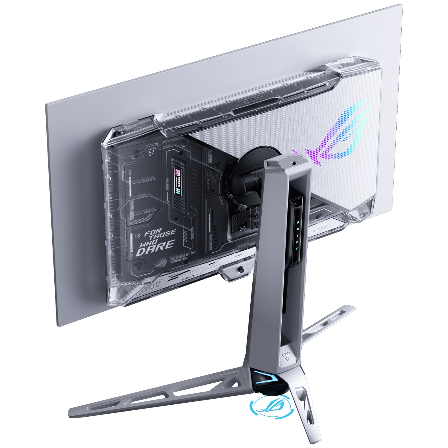 Achterkant van een monitor met doorzichtige behuizing en ROG-logo.