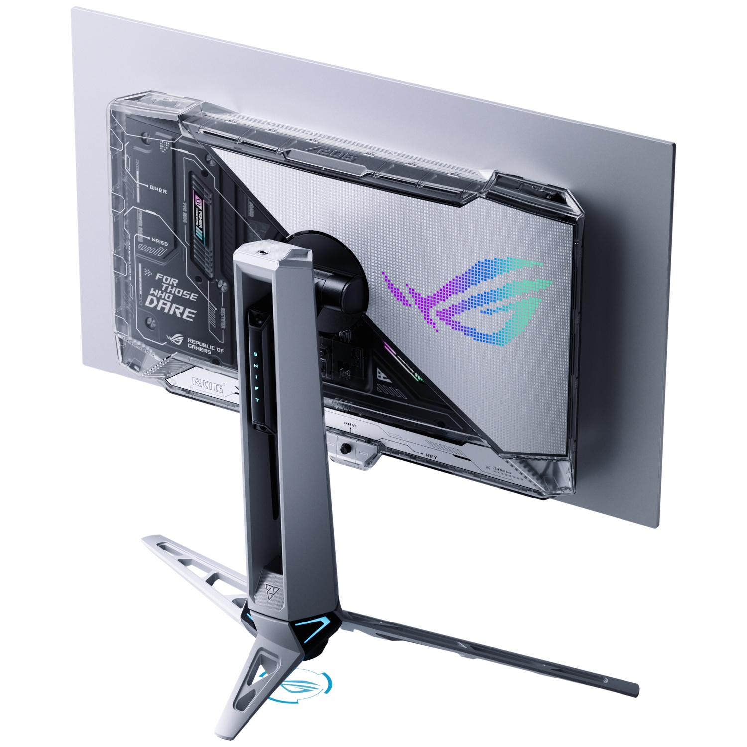 Achterkant van een gamingmonitor met transparante behuizing, toont interne componenten en ROG-logo.