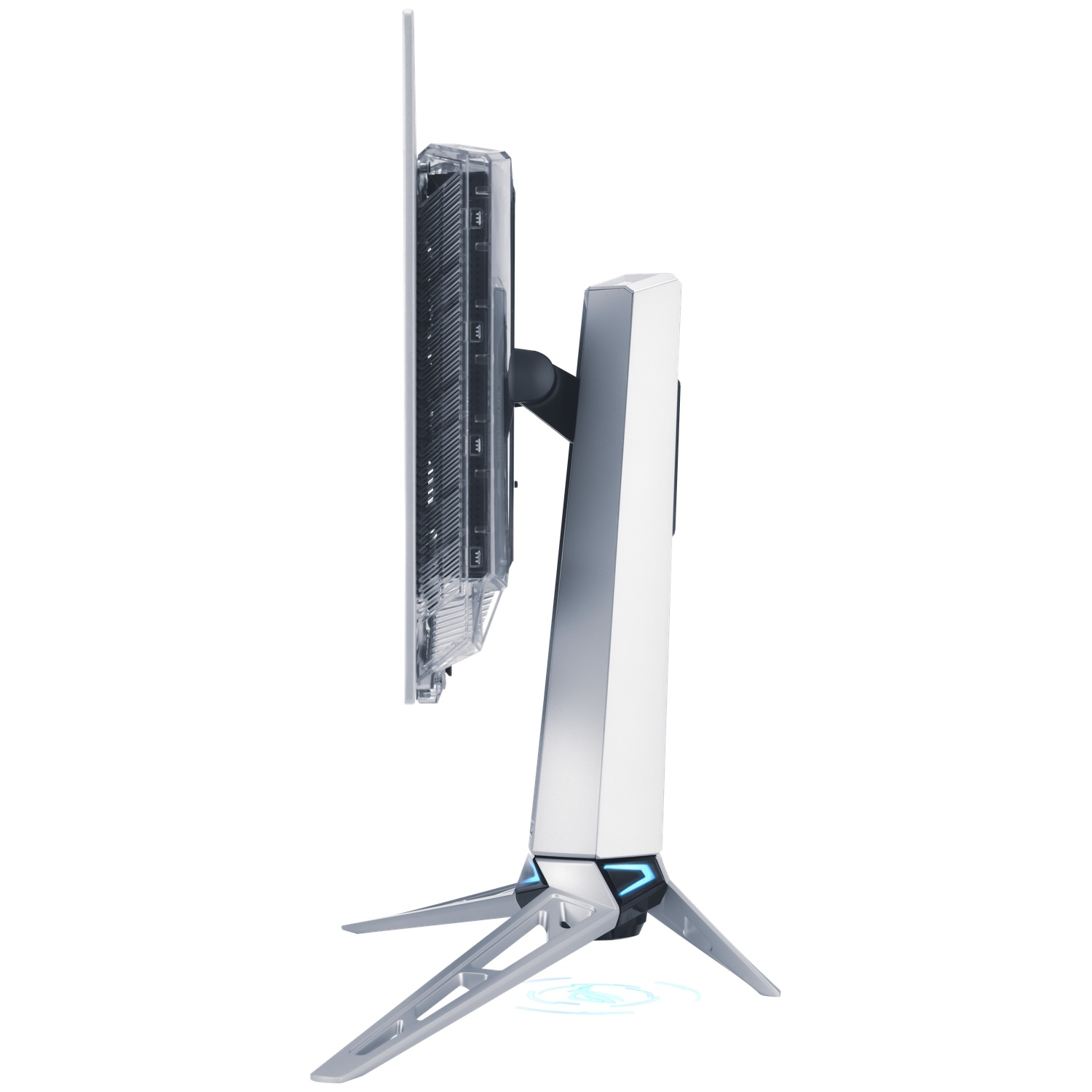 Moderne computermonitor met transparante behuizing en zilveren standaard.