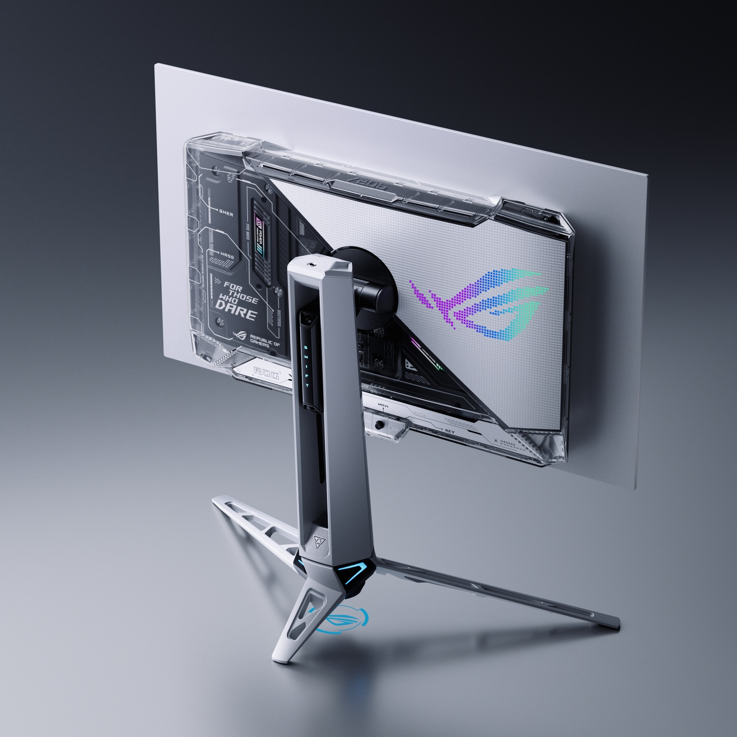 Achterkant van een gamingmonitor met transparante behuizing en RGB-logo.