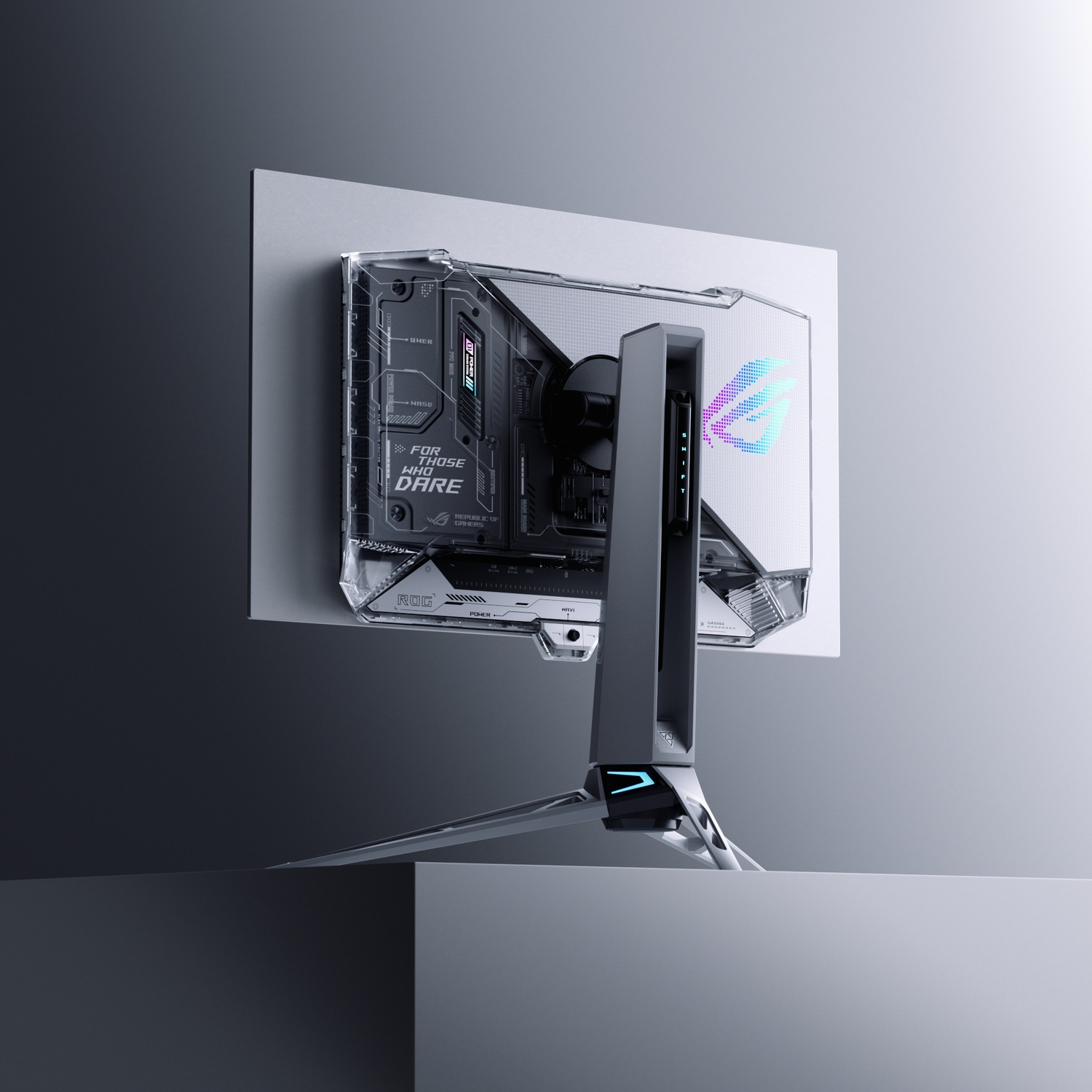 Achterkant van een futuristische monitor met transparante behuizing en RGB-verlichting.