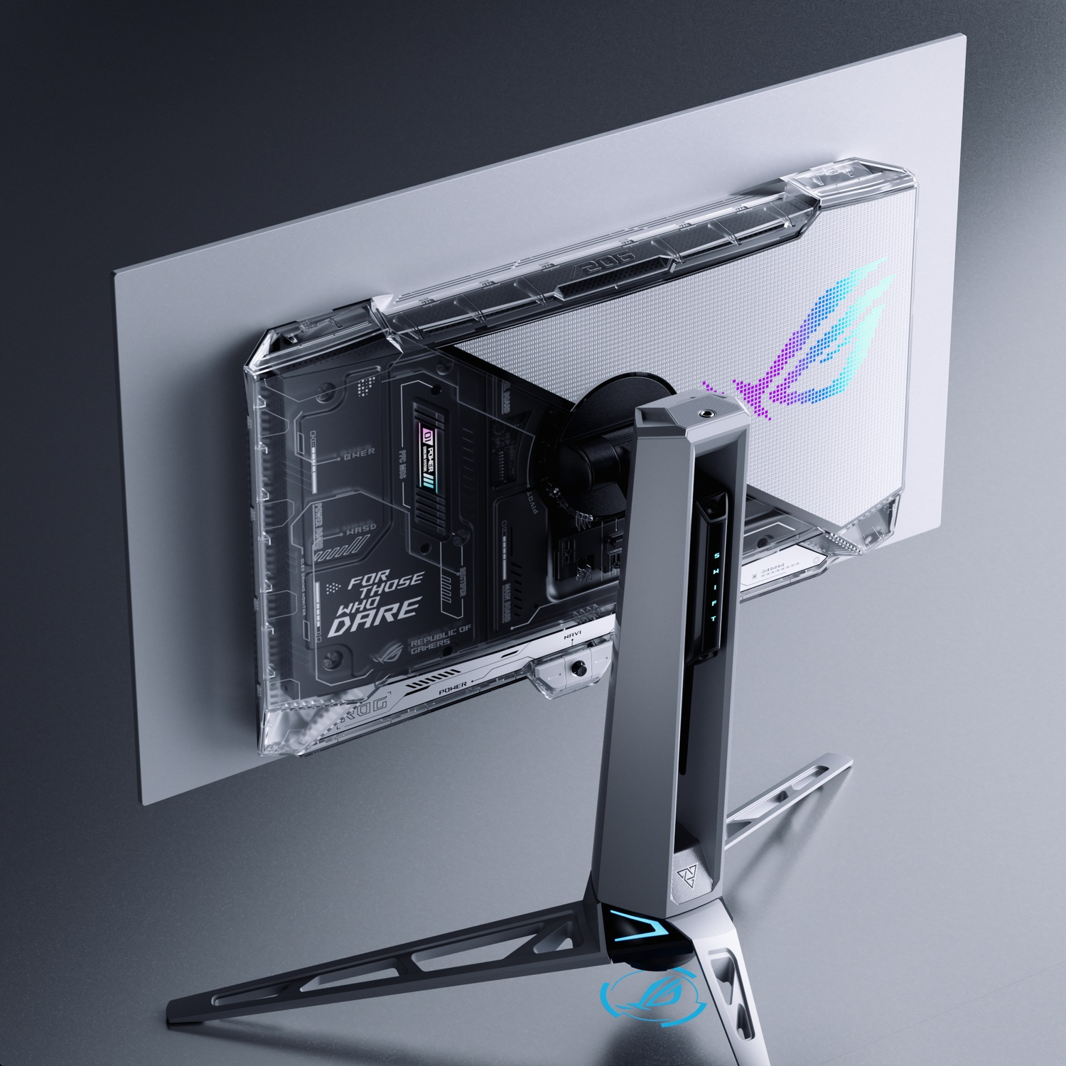 Achterkant van monitor met doorzichtige behuizing en RGB-logo.