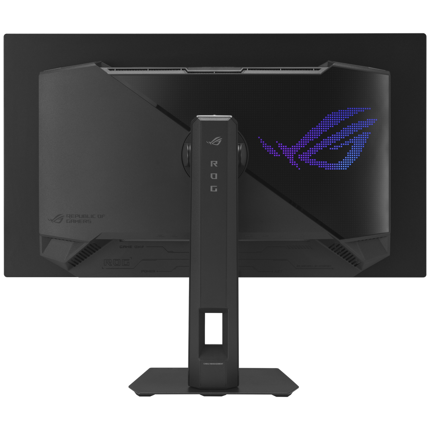 Back of black monitor with ROG logo and text details.