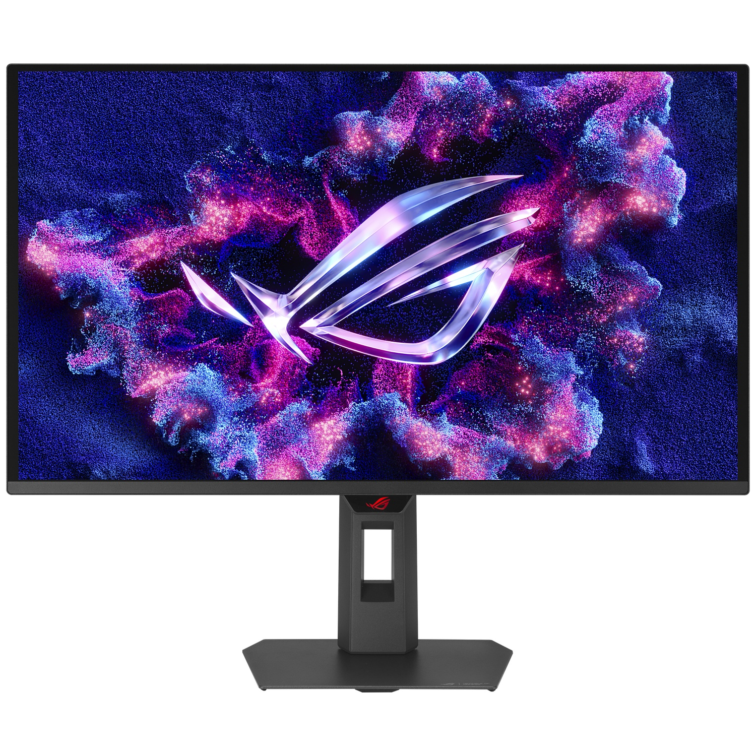 A gaming monitor displaying a ROG logo against a cosmic background.