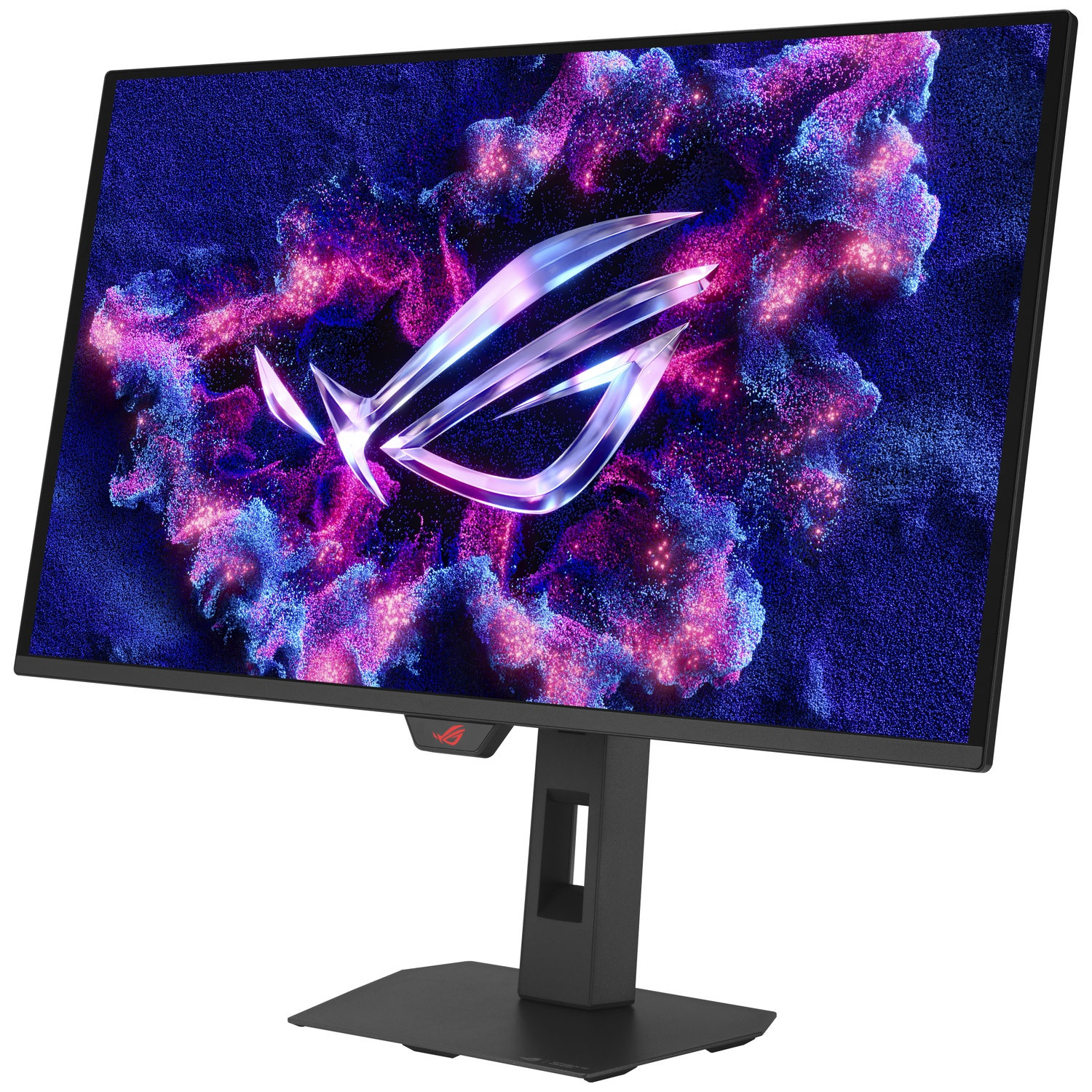A gaming monitor displays a vibrant, abstract background with the ROG logo.