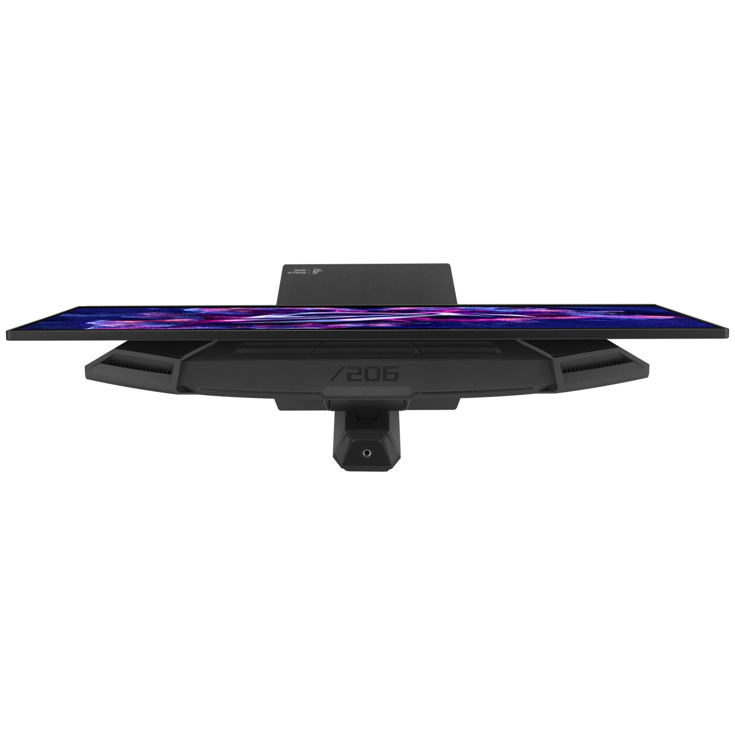 A black monitor displaying a purple and blue wallpaper.