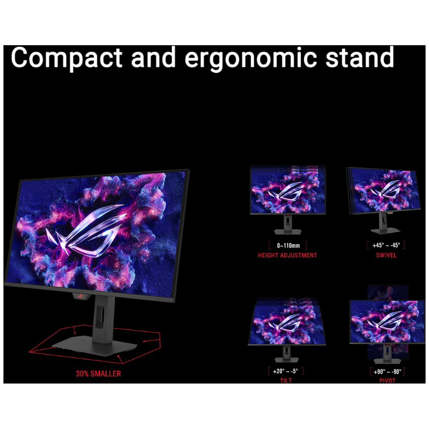 A monitor with ROG logo is shown on a stand, demonstrating height, swivel, tilt, and pivot.