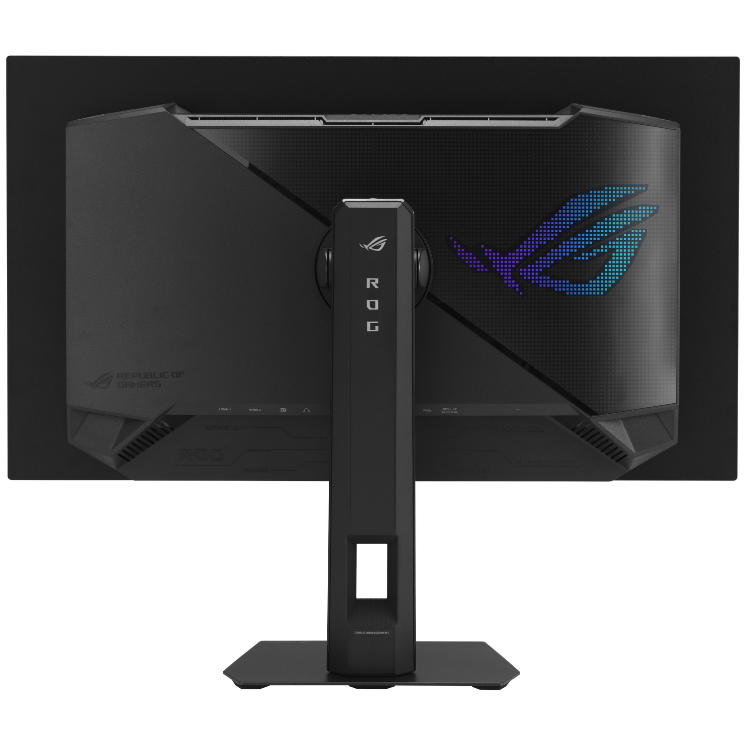 Back of a black gaming monitor with ROG logo and ports.