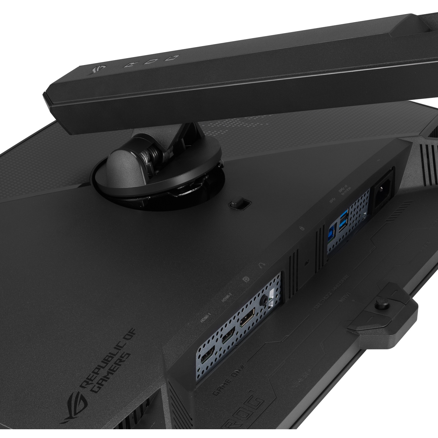 Back of a black monitor showing ports, stand, and ROG logo.