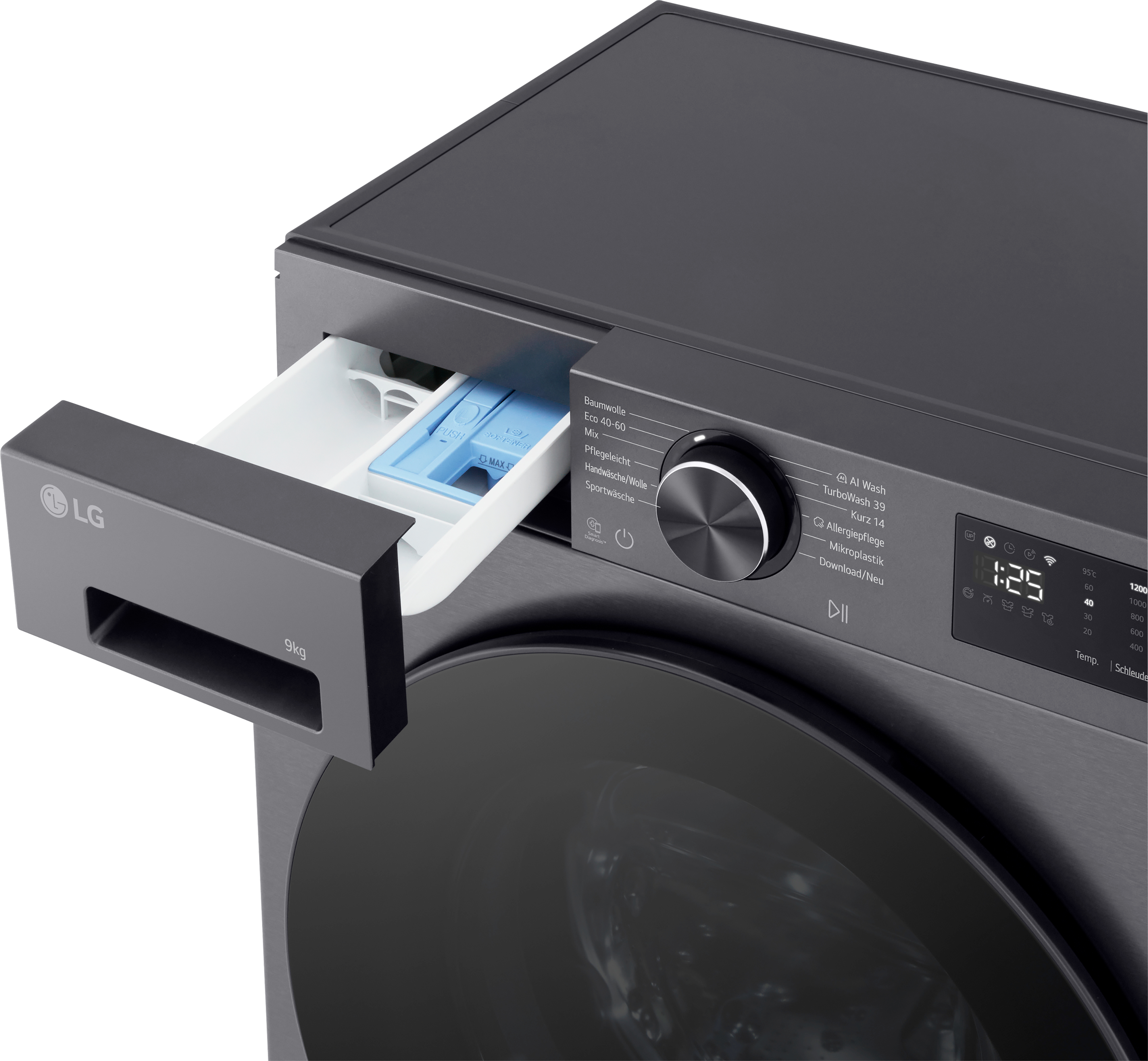 Draufsicht einer grauen LG Waschmaschine mit herausgezogener Schublade für Waschmittel.