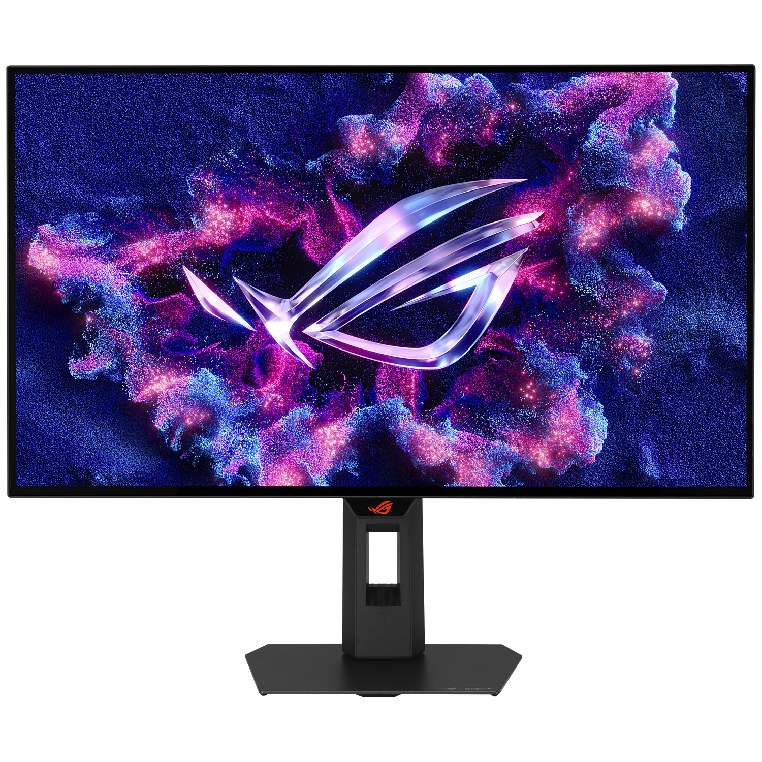 A monitor displays the ROG logo against a background of purple and blue particles.