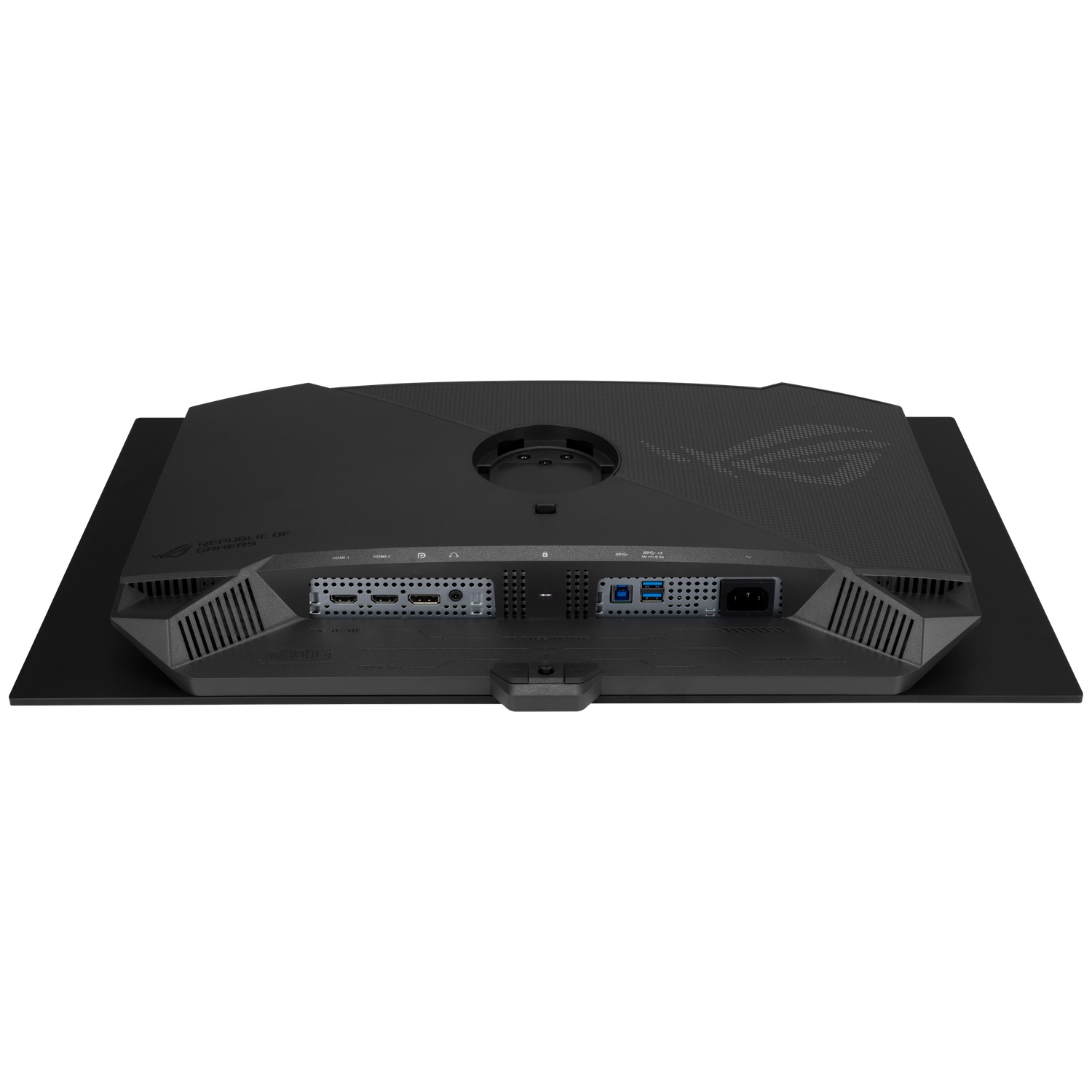 Back of a black monitor showing ports like HDMI, USB, and power input.