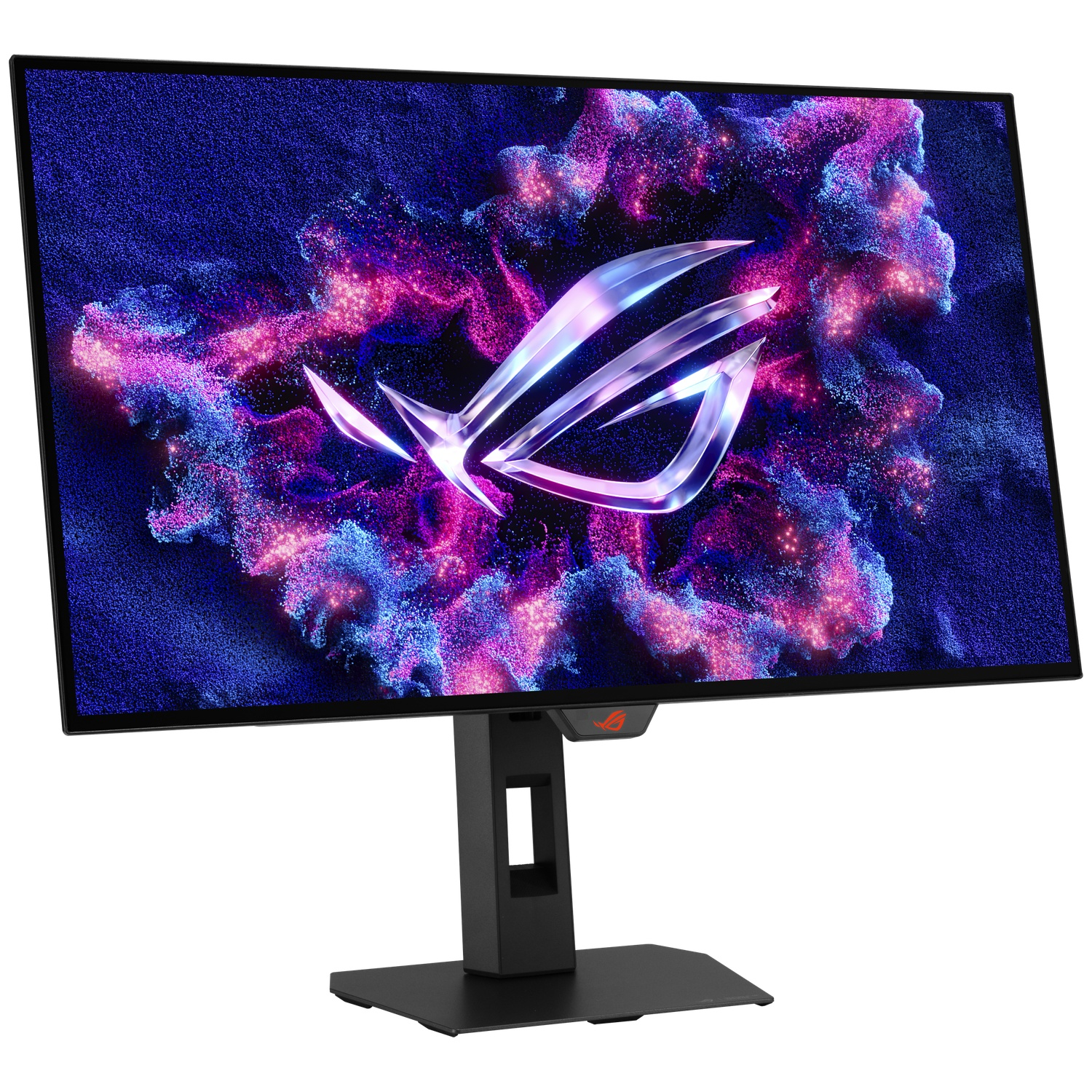 A gaming monitor displaying a stylized logo against a swirling purple and blue particle background.