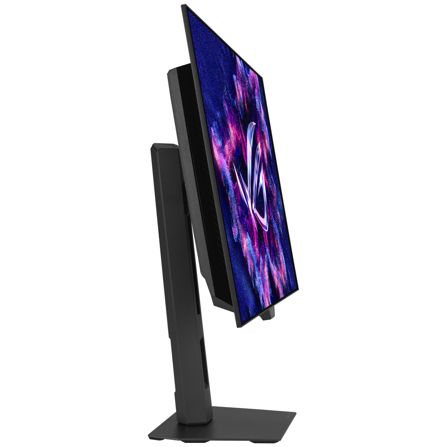 A black monitor with a colorful wallpaper stands on a black stand against a white background.