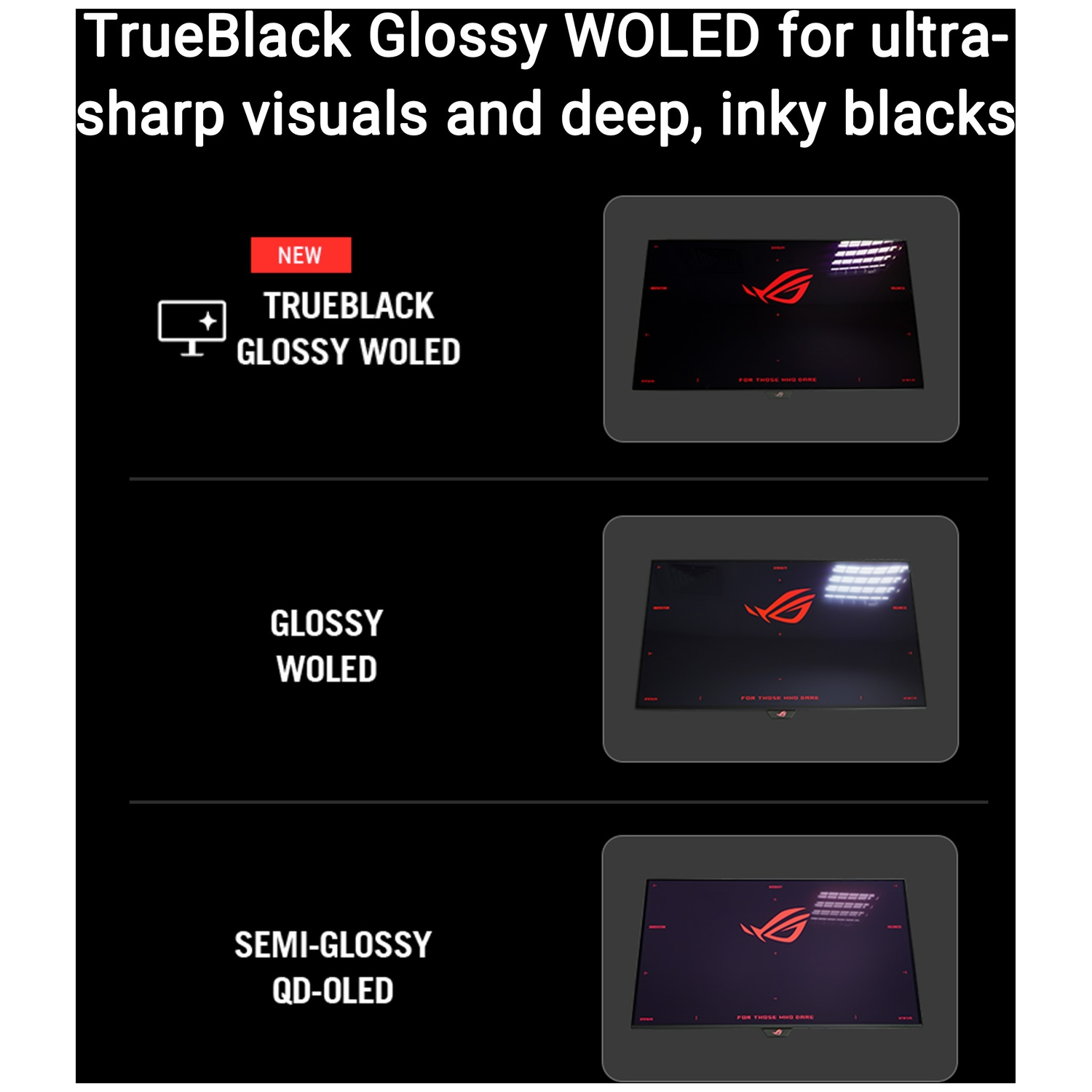 Three monitors with ROG logo: TrueBlack Glossy WOLED, Glossy WOLED, Semi-Glossy QD-OLED.