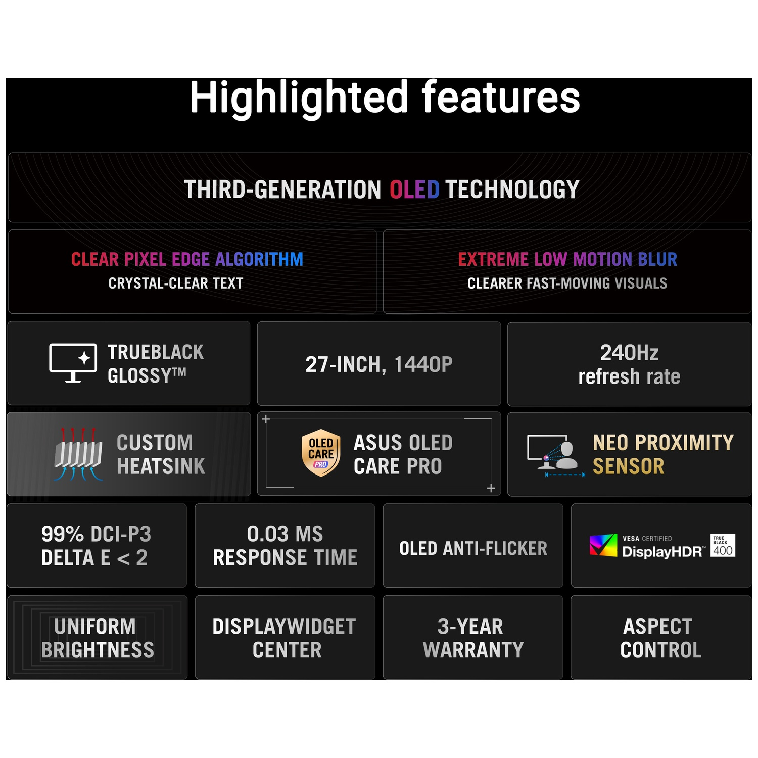 Uitgelichte functies: OLED-technologie, 27-inch, 1440p, 240Hz verversingssnelheid.