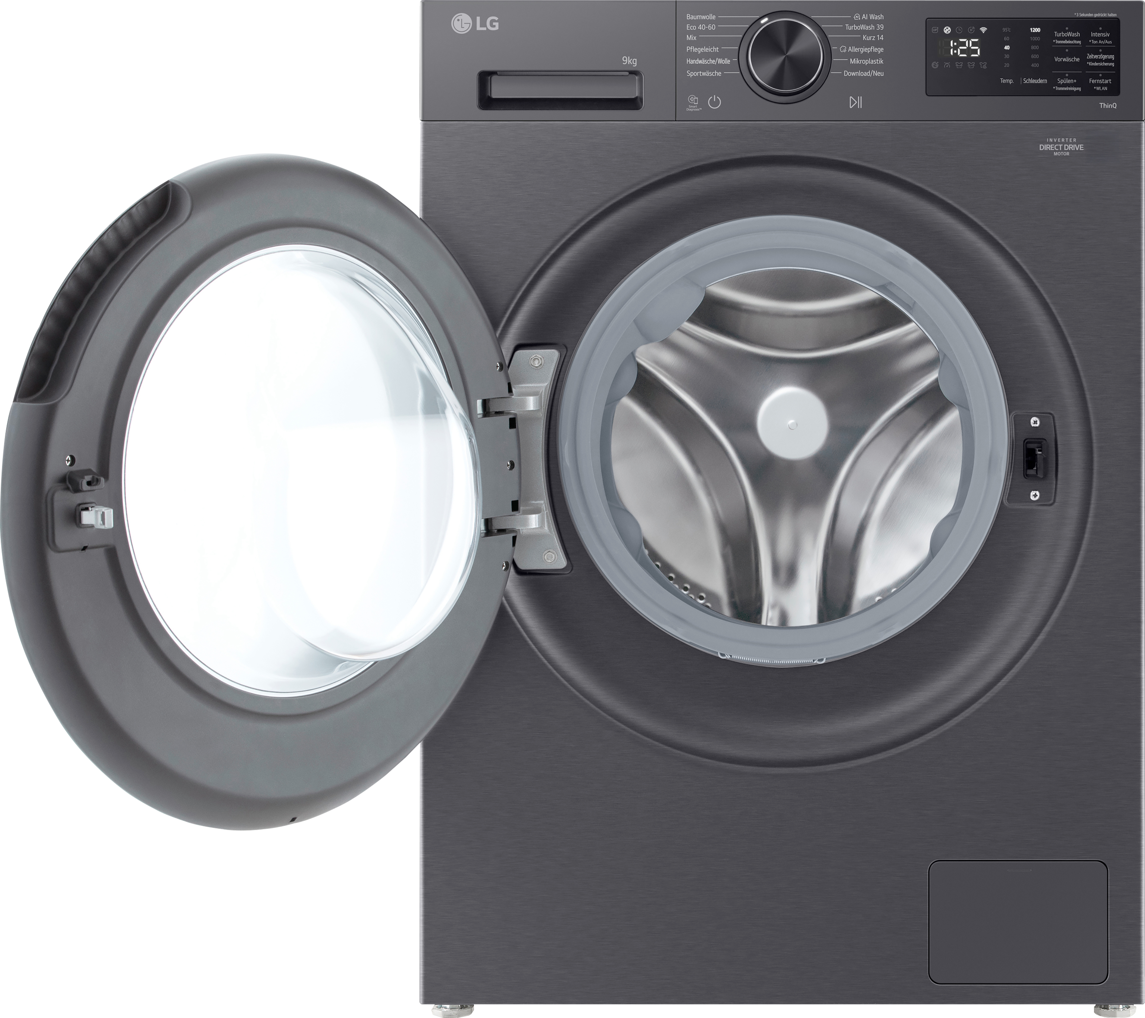Eine dunkle LG Waschmaschine mit offener Tür und sichtbarer Trommel. Das Bedienfeld ist oben.